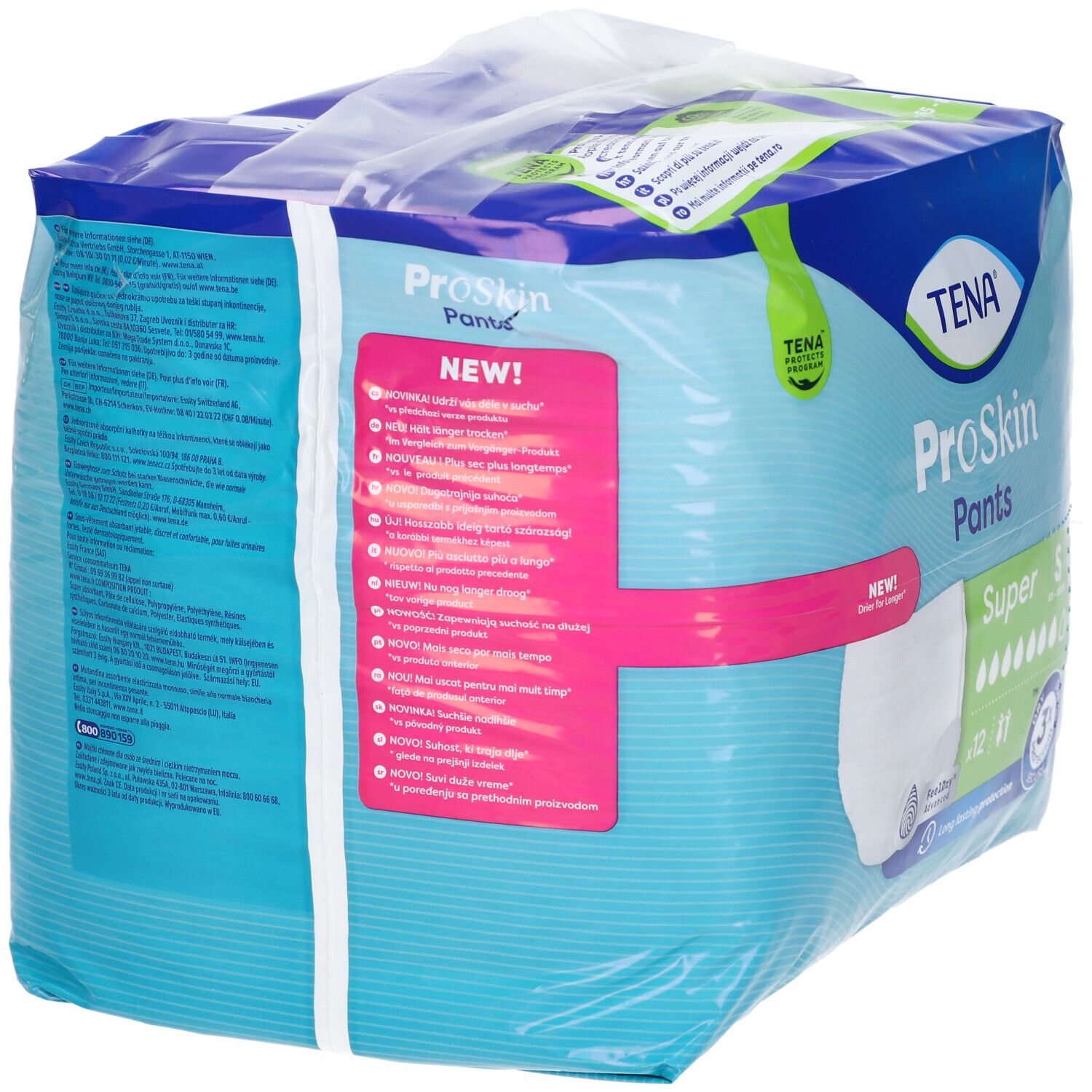 Confezione TENA ProSkin Pants Super, taglia XL. Confezione blu con immagine del prodotto e informazioni.