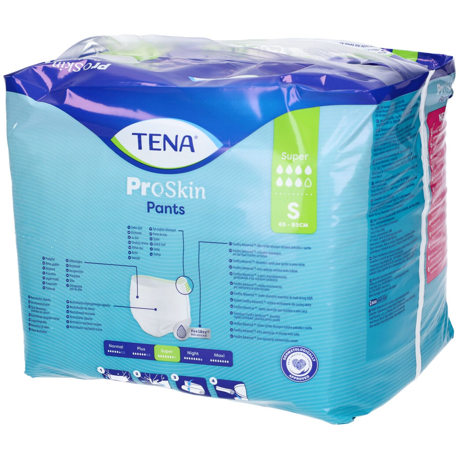 Confezione TENA ProSkin Pants Super, taglia S. Confezione blu con immagine del prodotto e informazioni.