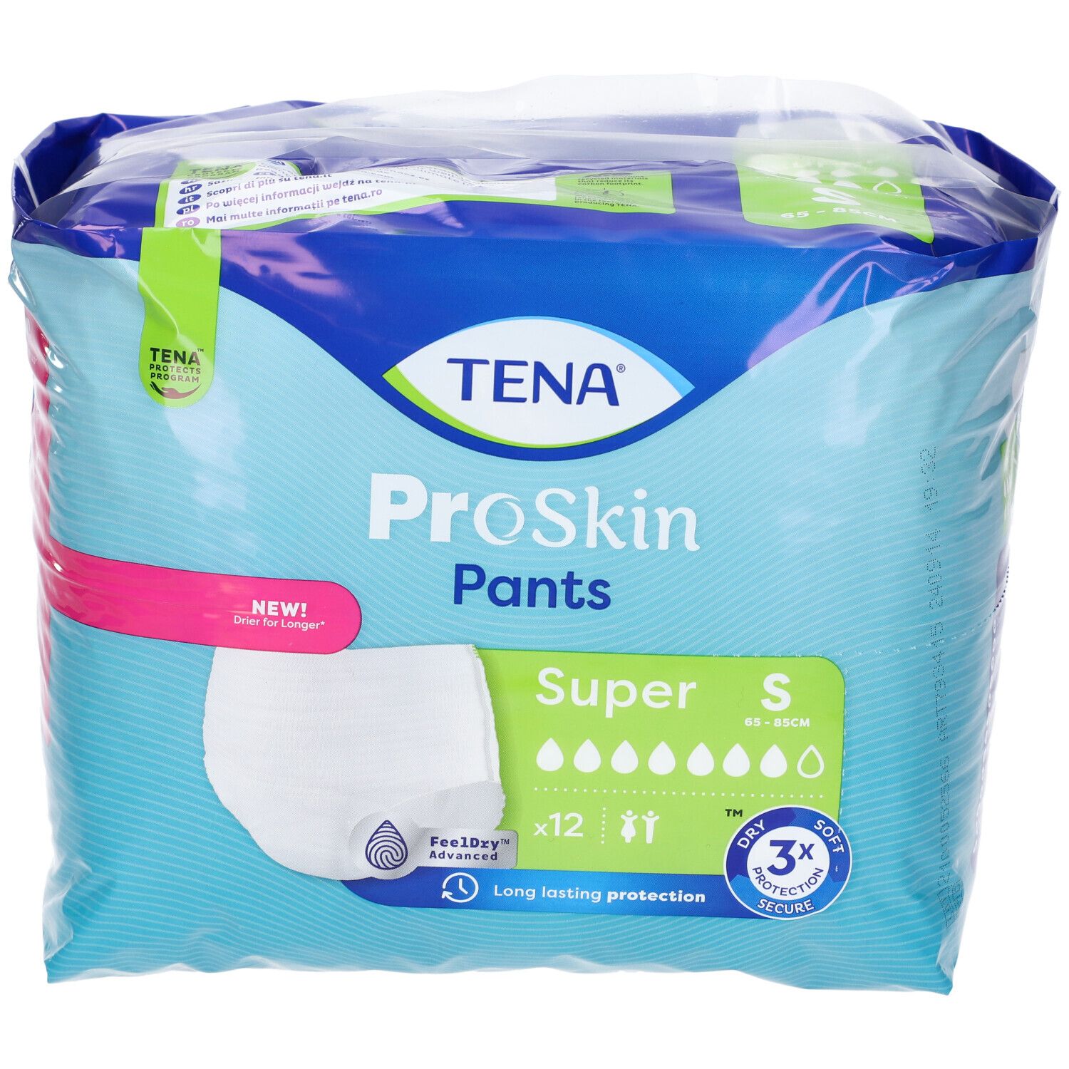 Confezione TENA ProSkin Pants Super, taglia S. Confezione blu con immagine del prodotto e informazioni.
