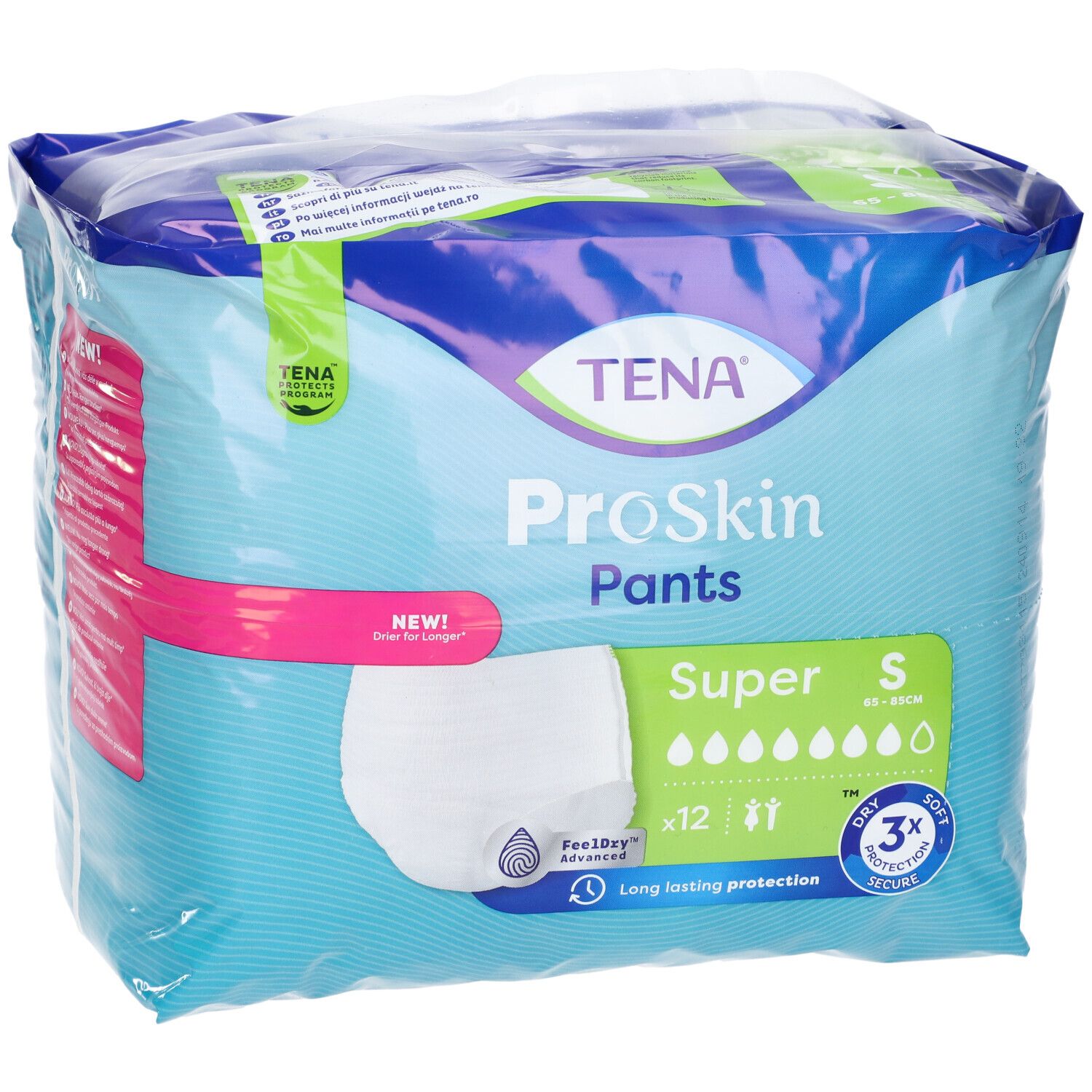Confezione TENA ProSkin Pants Super, taglia S. Confezione blu con immagine del prodotto e informazioni.
