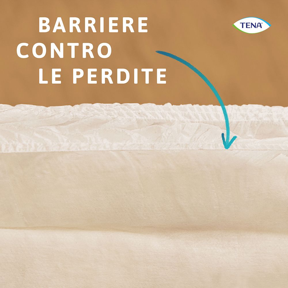 Primo piano dell'interno dei TENA ProSkin Pants. Testo: Barriere contro le perdite.