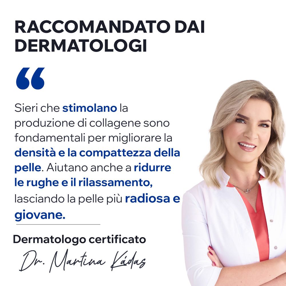 Donna con camice bianco. Testo: Dermatologo certificato Dr. Martina Kádas. Testo: Raccomandato dai dermatologi.