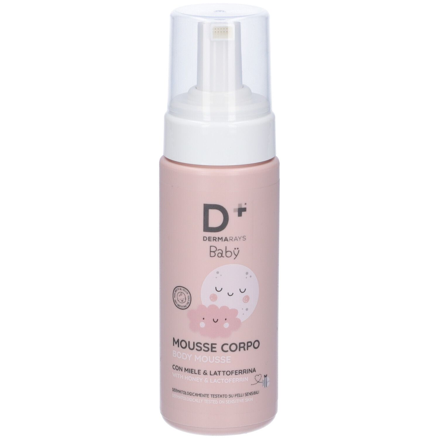 Flacone rosa con erogatore bianco. Scritta: D+ Baby, Mousse Corpo, con Miele & Lattoferrina.