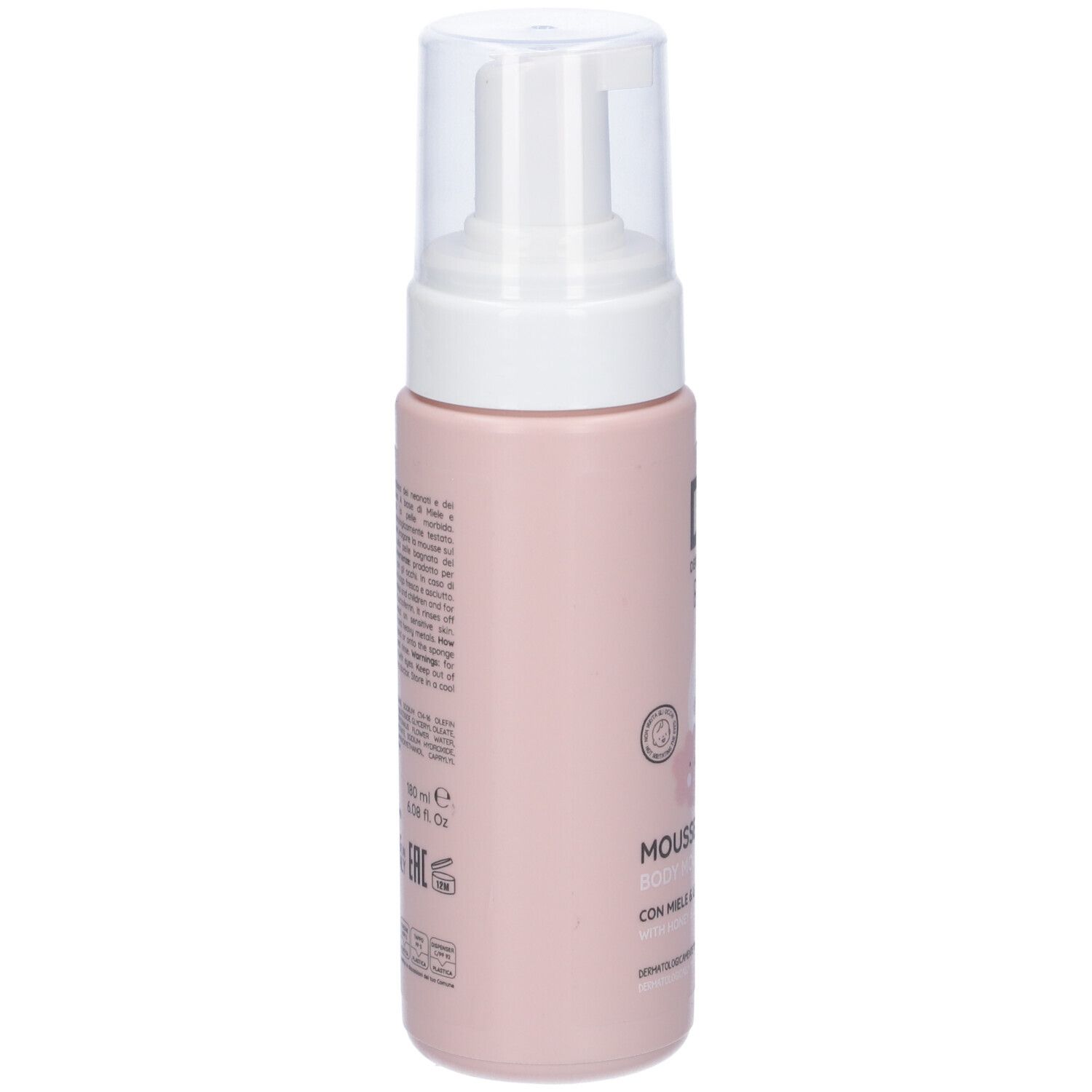 Flacone rosa con erogatore bianco. Retro con testo. Scritta: Mousse Corpo, con Miele & Lattoferrina.