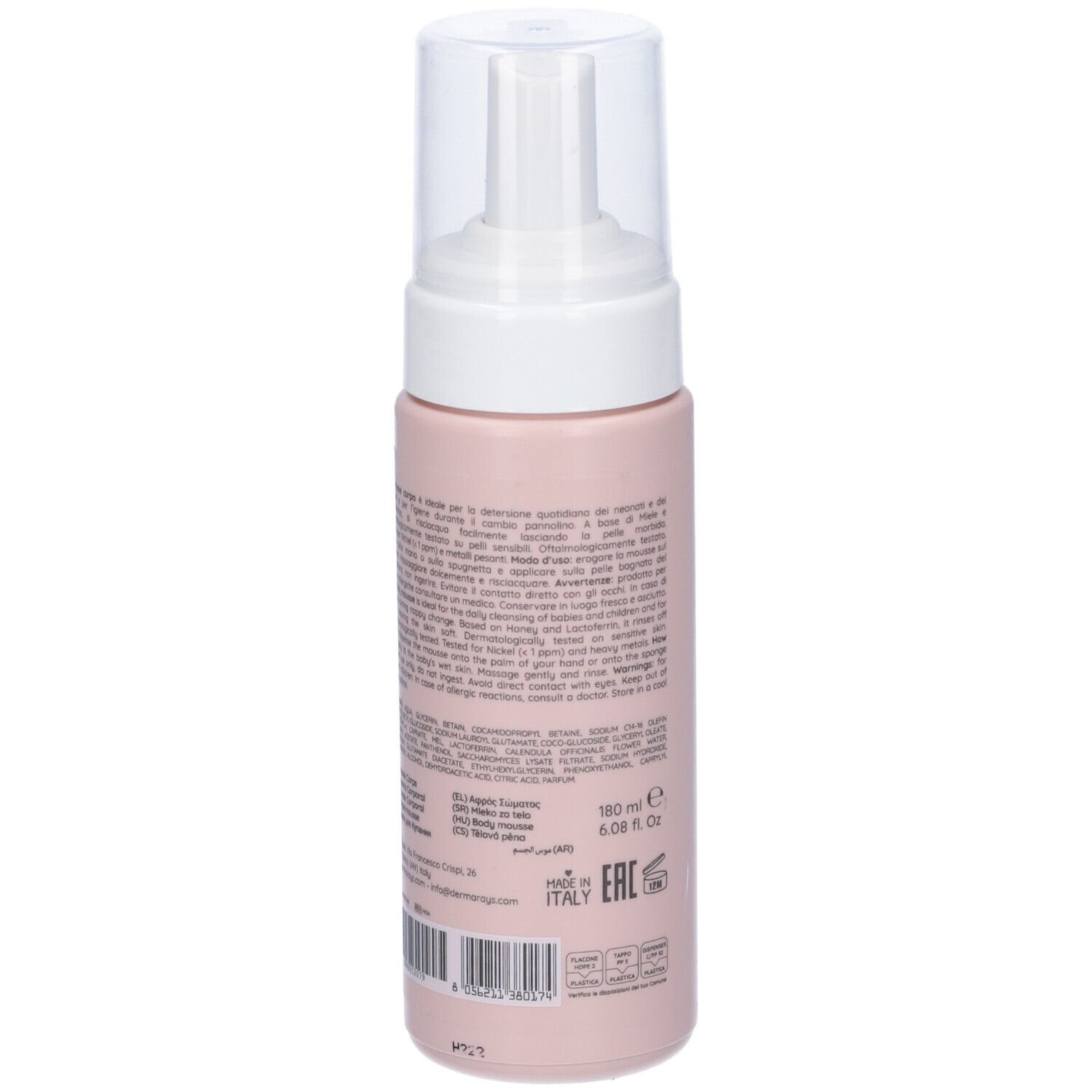 Flacone rosa con erogatore bianco. Retro con testo. Scritta: Mousse Corpo, con Miele & Lattoferrina.