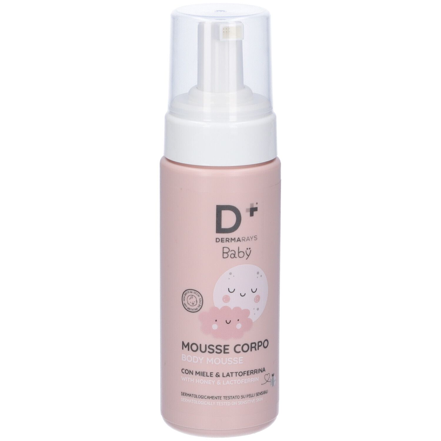 Flacone rosa con erogatore bianco. Scritta: D+ Baby, Mousse Corpo, con Miele & Lattoferrina.