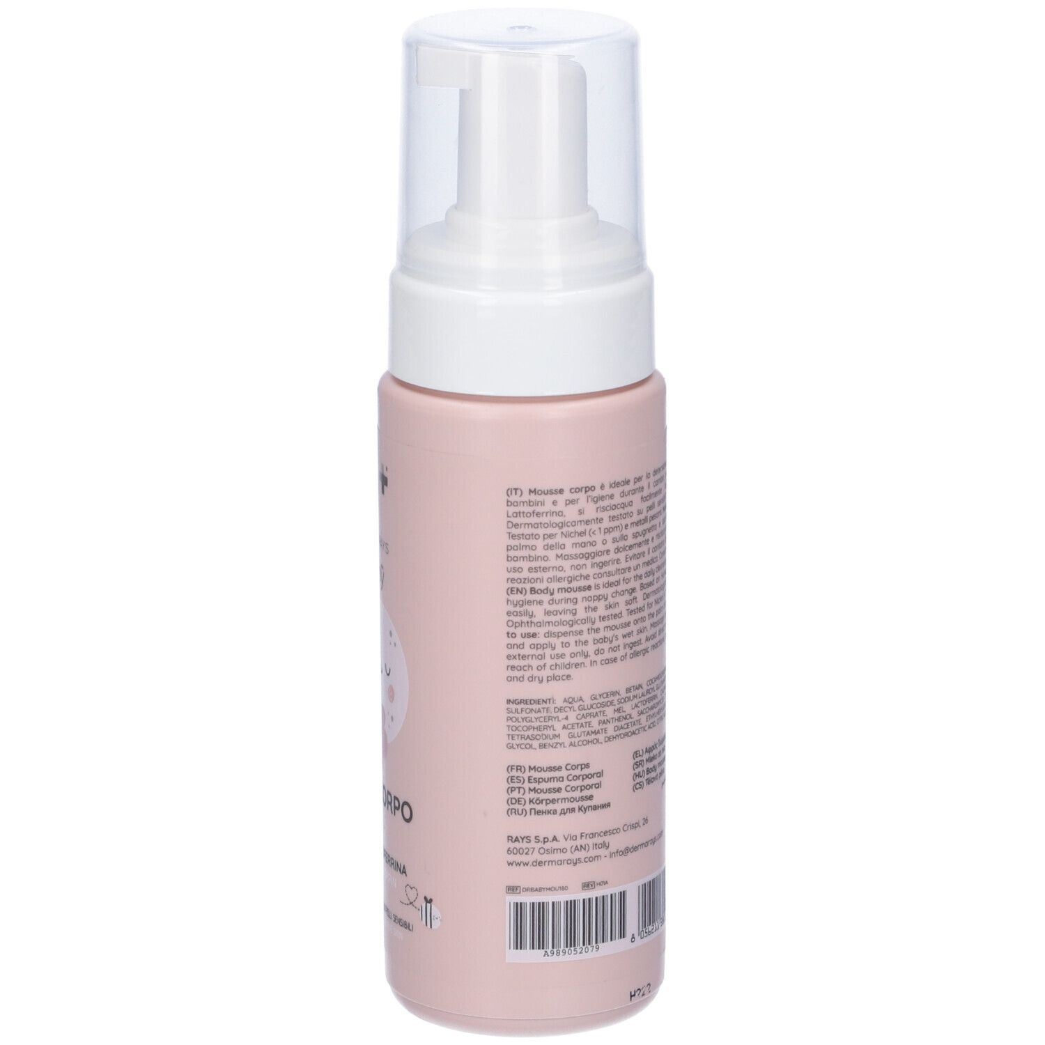 Flacone rosa con erogatore bianco. Retro con testo. Scritta: Mousse Corpo, con Miele & Lattoferrina.