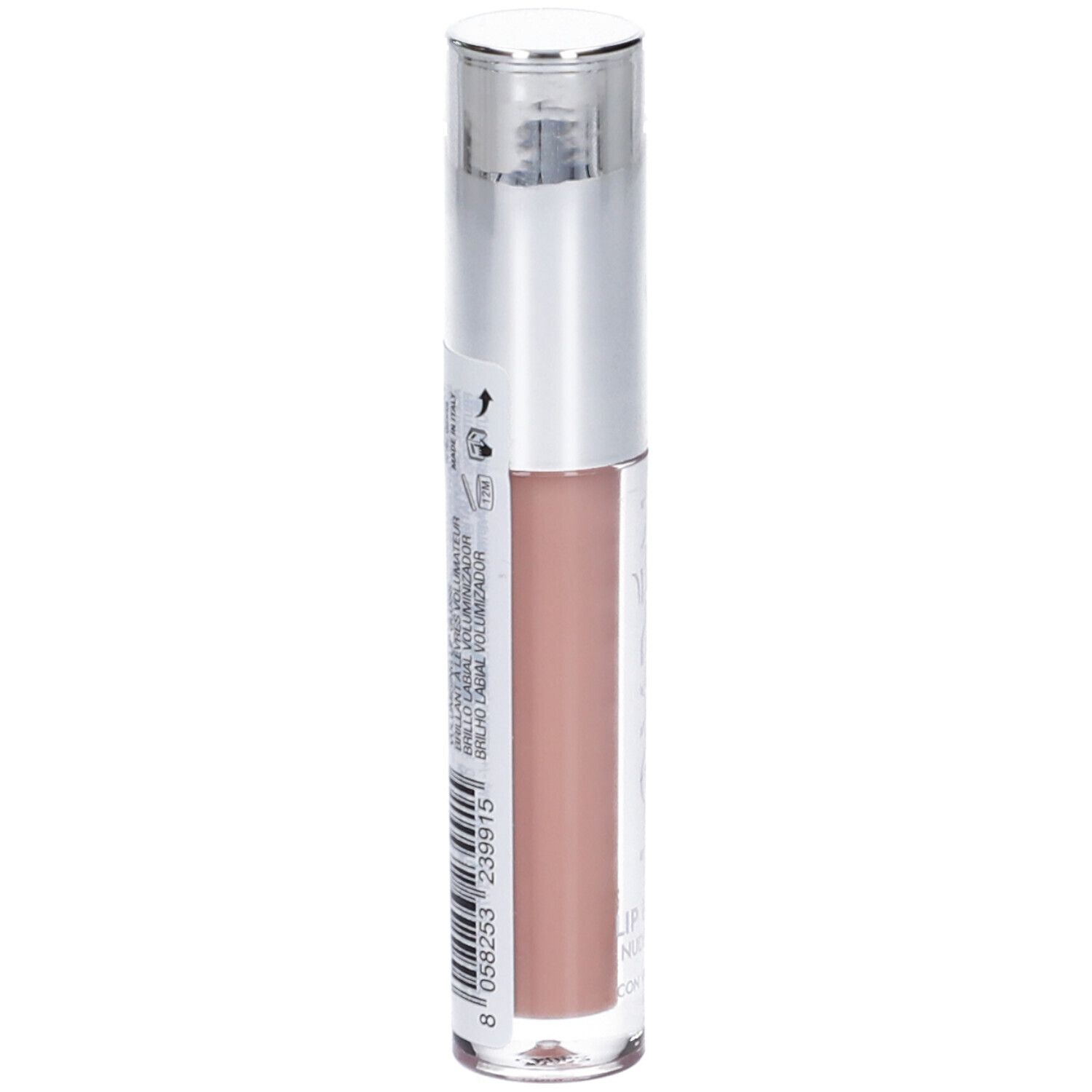 Flacone di lucidalabbra, lato. Scritta: LOVRÉN, LIP GLOSS, NUDE-PLUMP. Codice a barre e altre informazioni.
