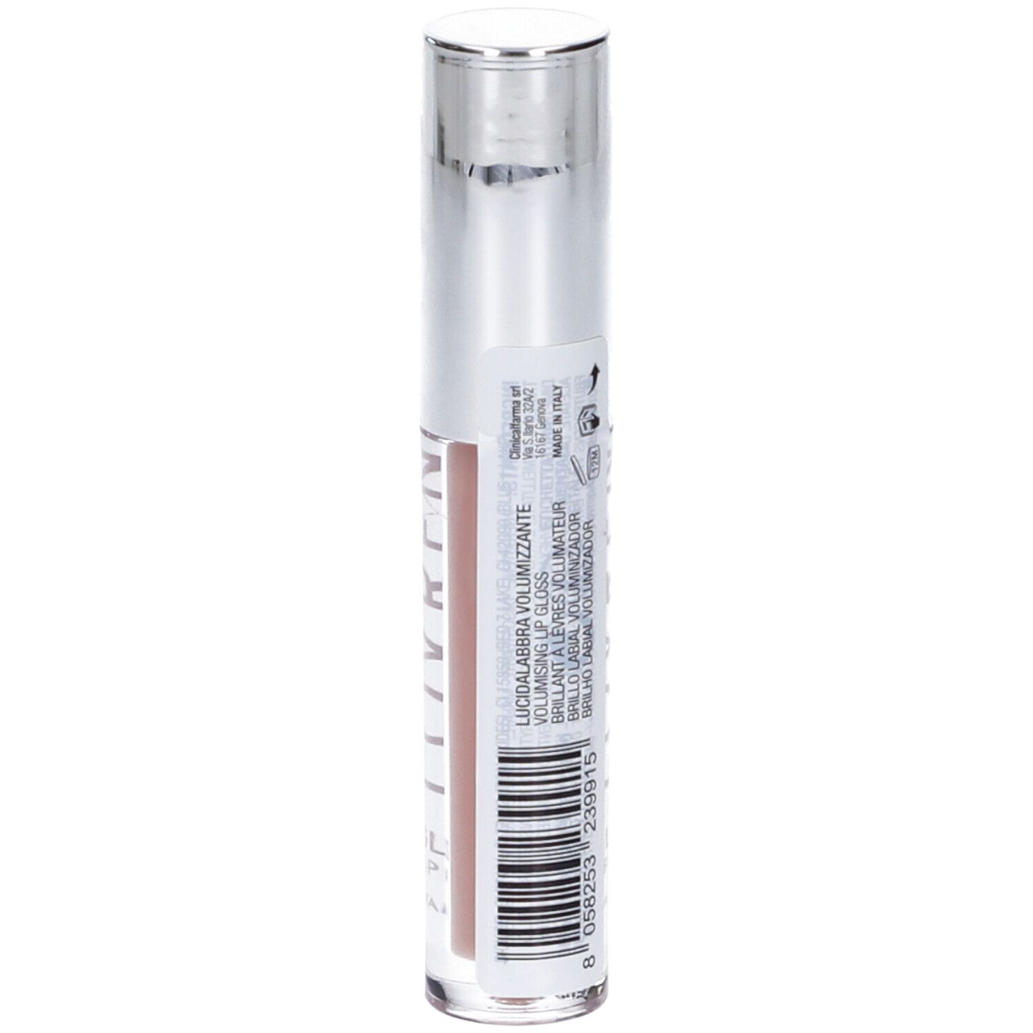 Flacone di lucidalabbra, lato. Scritta: LOVRÉN, LIP GLOSS, NUDE-PLUMP. Codice a barre e altre informazioni.