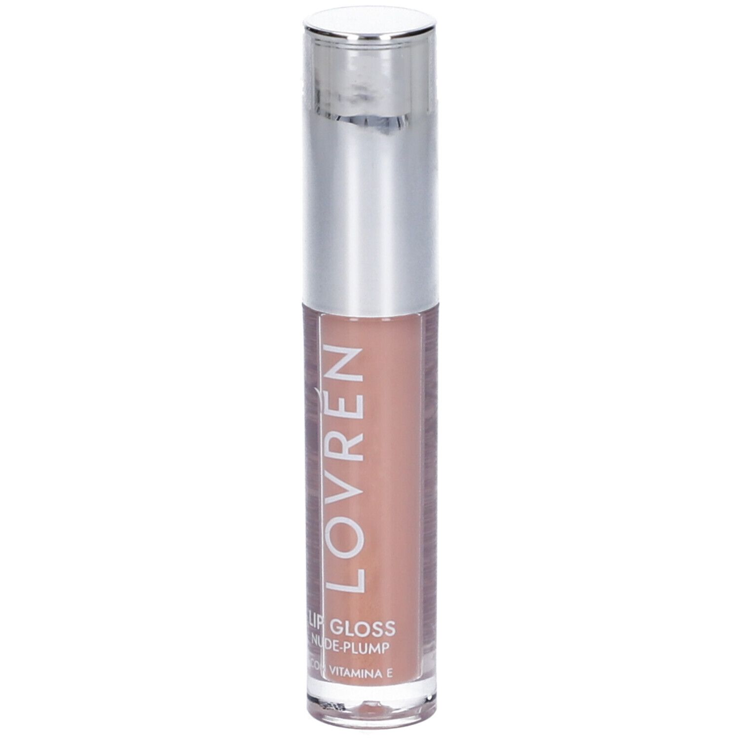 Lucidalabbra con tappo argentato. Scritta: LOVRÉN, LIP GLOSS NUDE-PLUMP, VITAMINA E. Tonalità nude.