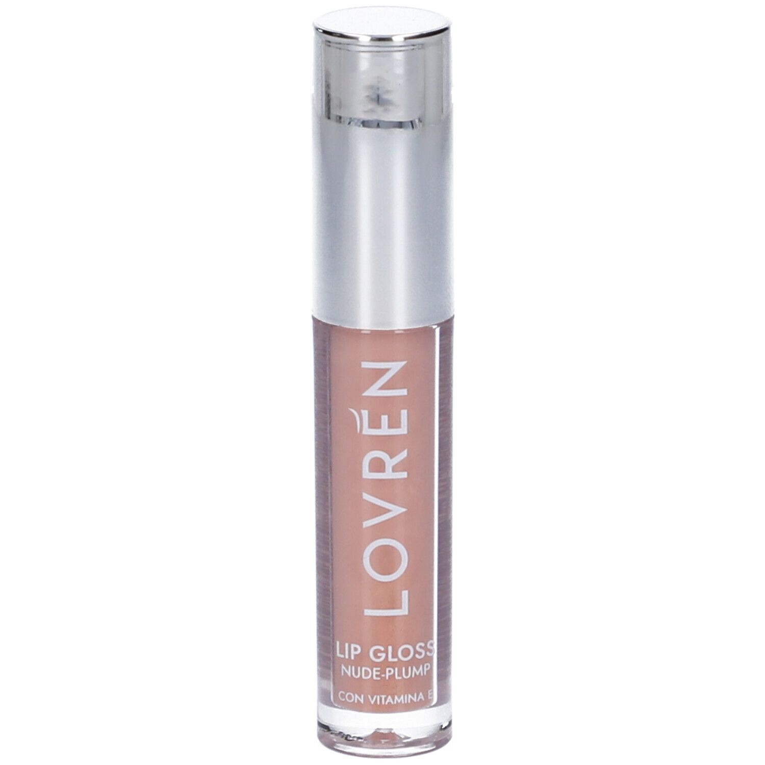 Lucidalabbra con tappo argentato. Scritta: LOVRÉN, LIP GLOSS NUDE-PLUMP, CON VITAMINA E. Tonalità nude.