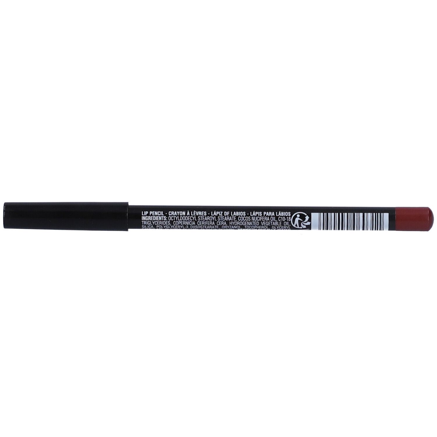 Matita labbra bordeaux. Matita nera con testo bianco e codice a barre. Testo: Lip Pencil, Crayon à Lèvres, Lápis para Lábios.