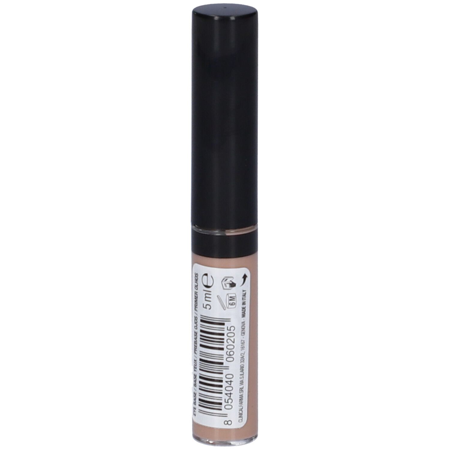 Tubo beige con tappo nero. Scritta: 5 ml, codice a barre, testo.