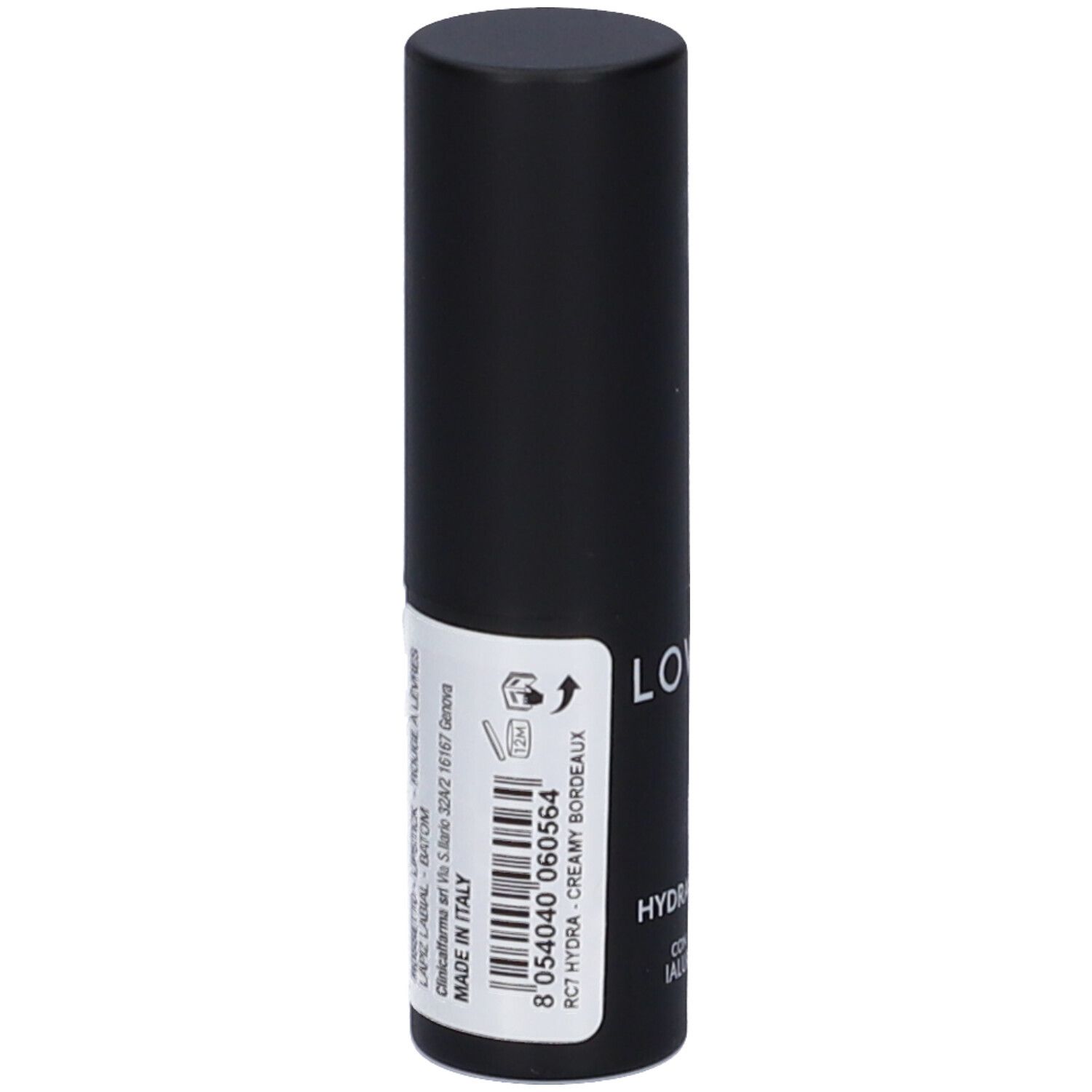 Contenitore nero di rossetto con etichetta. Scritta: LOVRÉN, R7 HYDRA, CREAMY BORDEAUX, MADE IN ITALY.