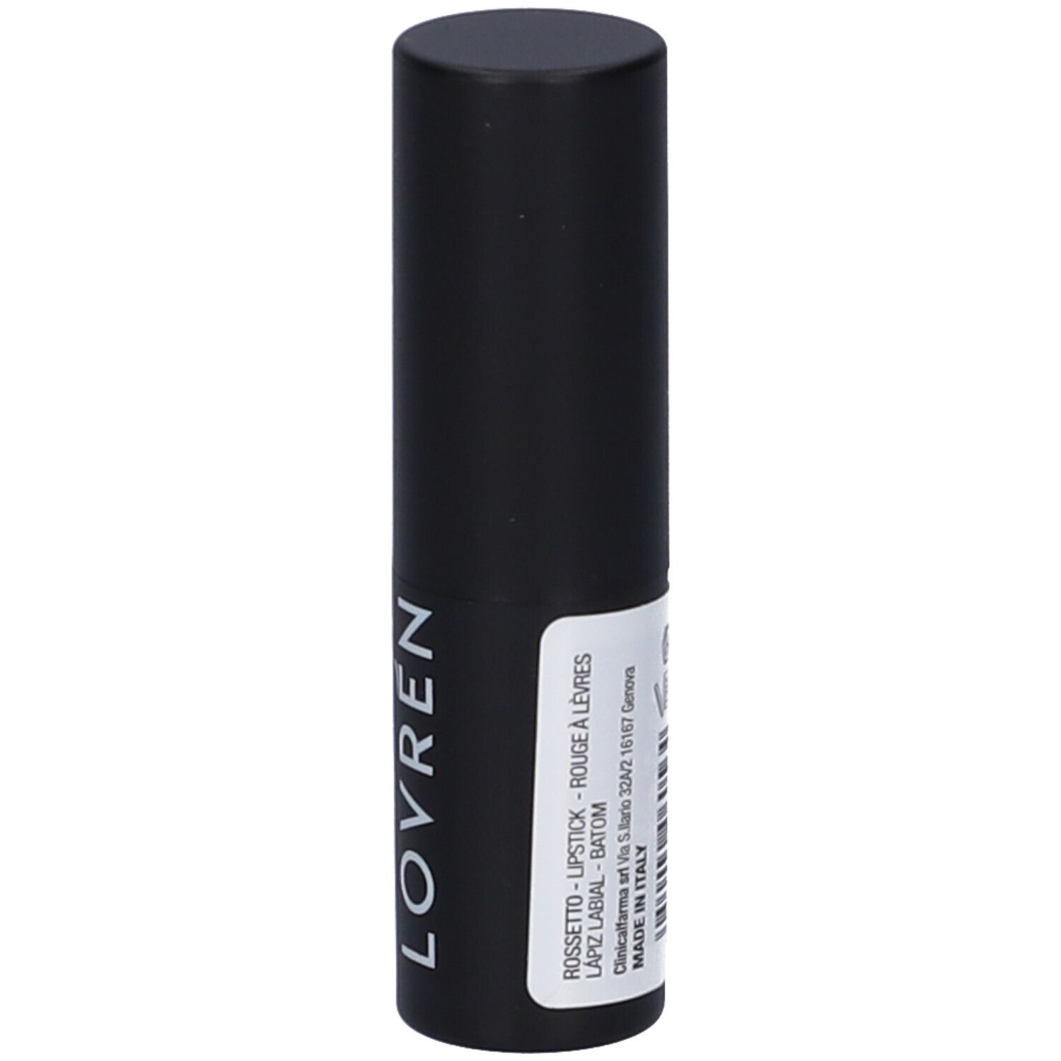 Contenitore nero di rossetto. Scritta: LOVRÉN, ROSSETTO - LIPSTICK - ROUGE À LÈVRES, MADE IN ITALY.