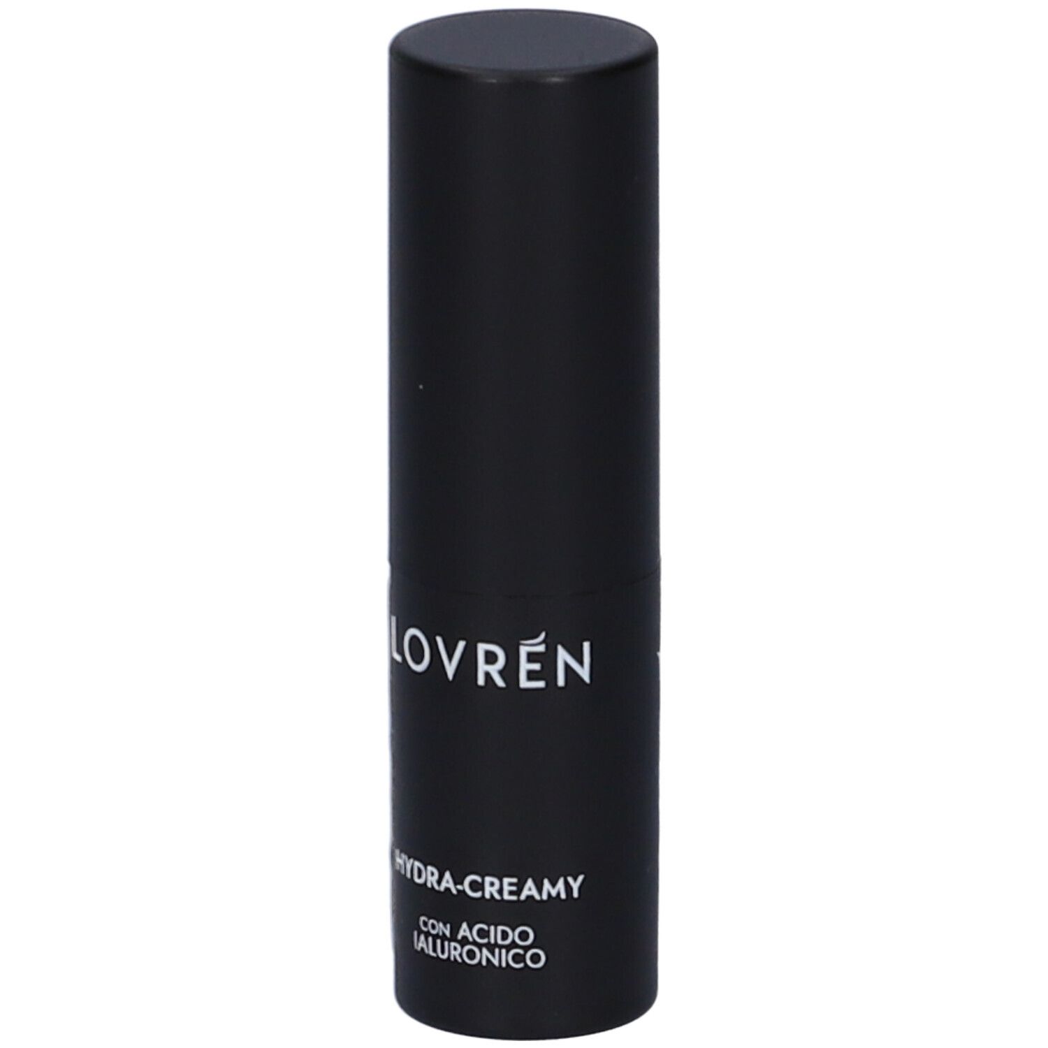 Contenitore nero di rossetto. Scritta: LOVRÉN, HYDRA-CREAMY, CON ACIDO IALURONICO.
