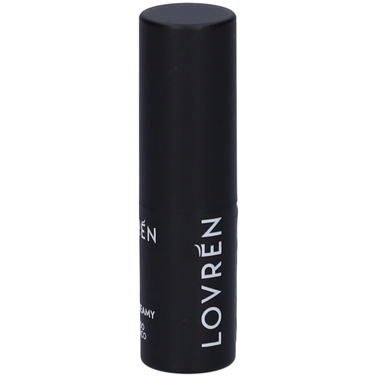 Contenitore nero di rossetto. Scritta: LOVRÉN, HYDRA-CREAMY, CON ACIDO IALURONICO.