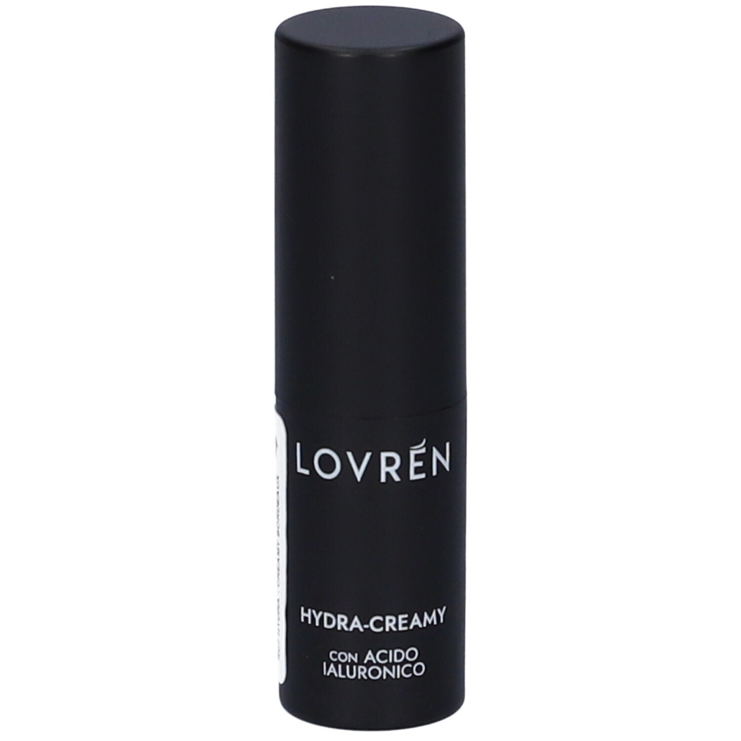 Contenitore nero di rossetto. Scritta: LOVRÉN, HYDRA-CREAMY, CON ACIDO IALURONICO.