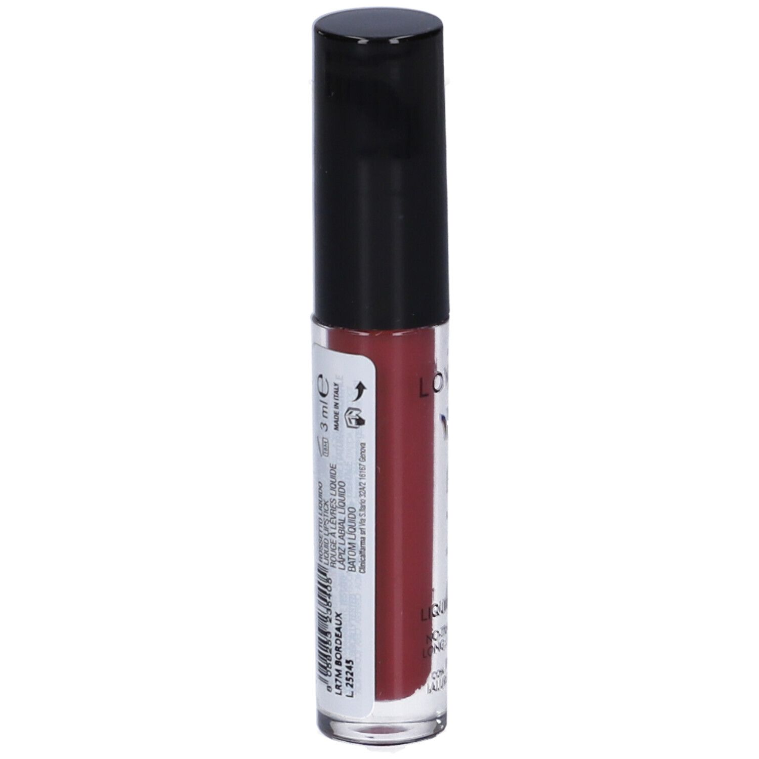 Rossetto liquido con tappo nero. Scritta: LOVREN, LIQUID-MATT. Colore bordeaux. Testo sul retro.