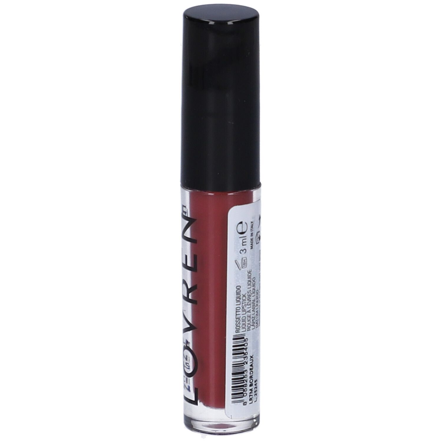 Rossetto liquido con tappo nero. Scritta: LOVREN, LIQUID-MATT. Colore bordeaux. 3 ml.