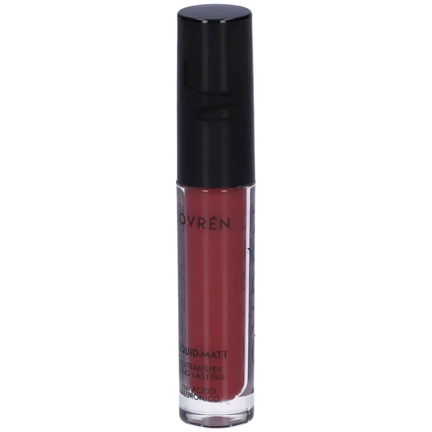 Rossetto liquido con tappo nero. Scritta: LOVREN, LIQUID-MATT. Colore bordeaux.