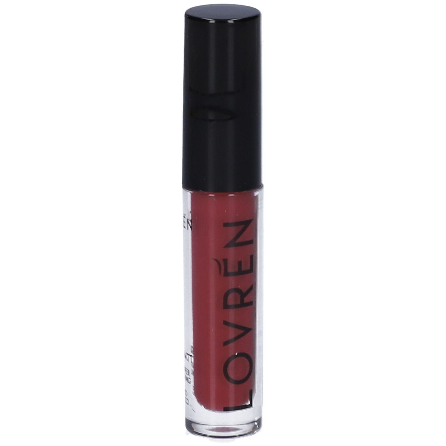 Rossetto liquido con tappo nero. Scritta: LOVREN, LIQUID-MATT. Colore bordeaux.