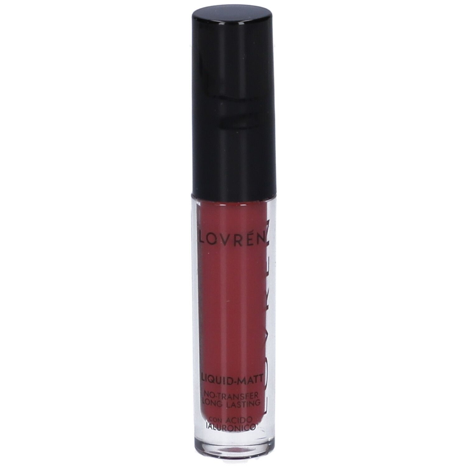 Rossetto liquido con tappo nero. Scritta: LOVREN, LIQUID-MATT. Colore bordeaux.
