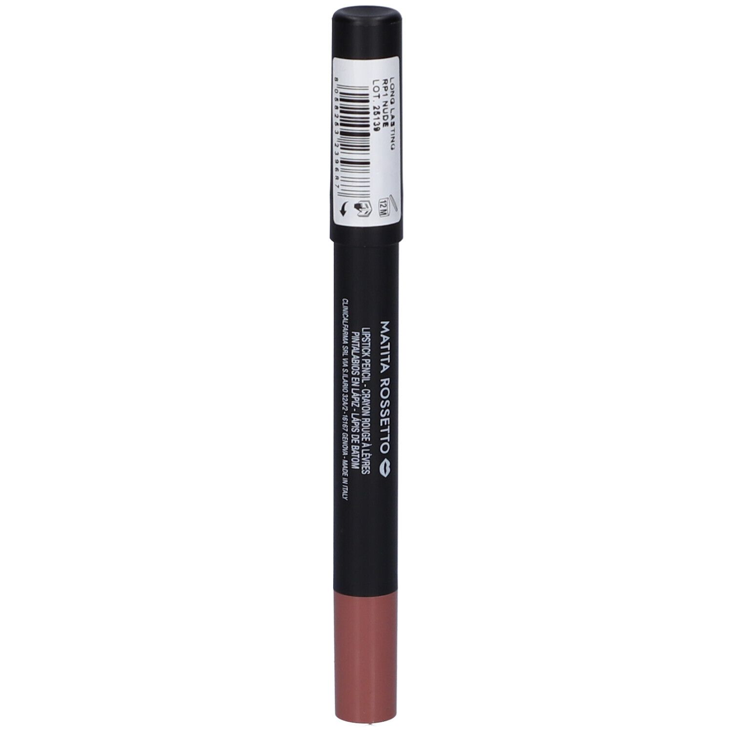 Matita rossetto opaca. Retro con informazioni sul prodotto. Matita nera con rossetto marrone.