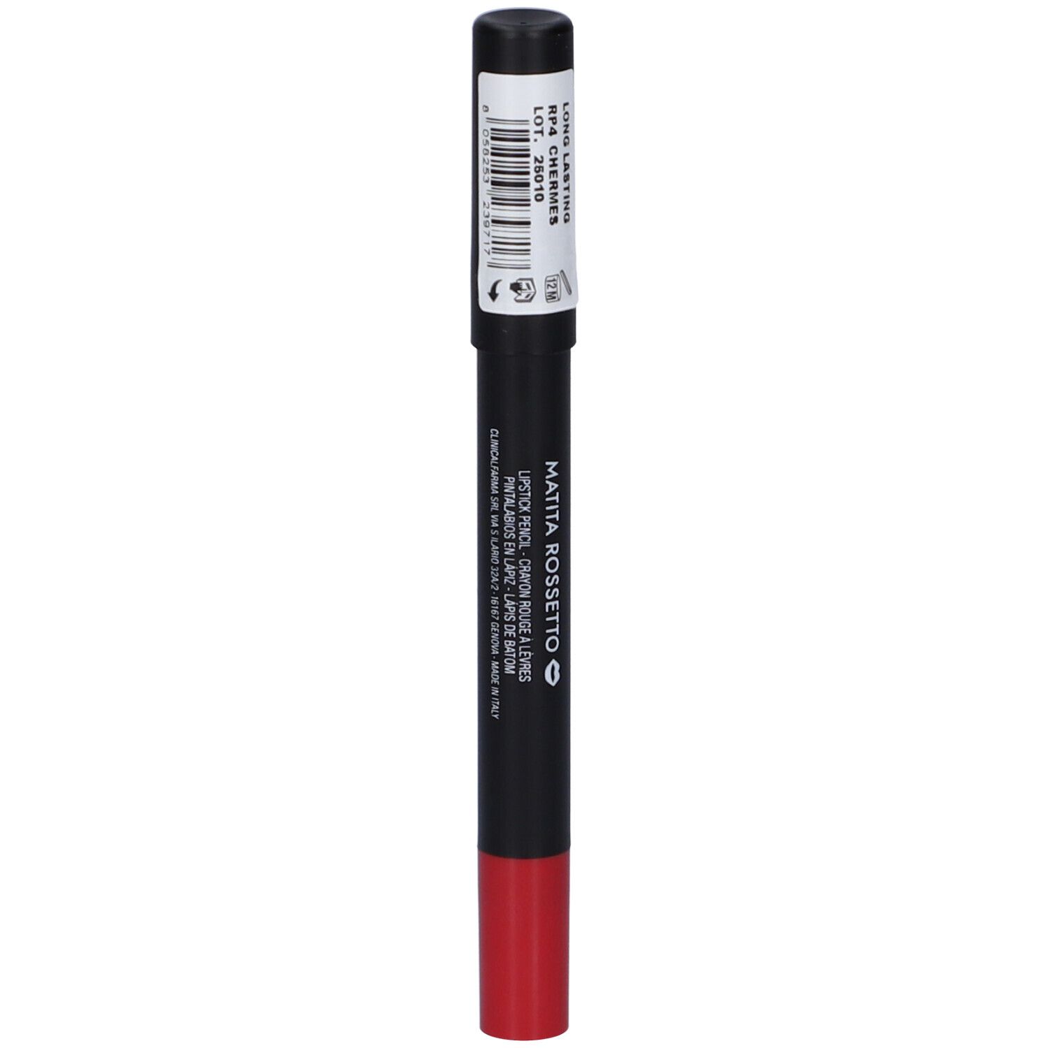Matita labbra rossa. Matita nera con punta rossa. Scritta: MATITA ROSSETTO.