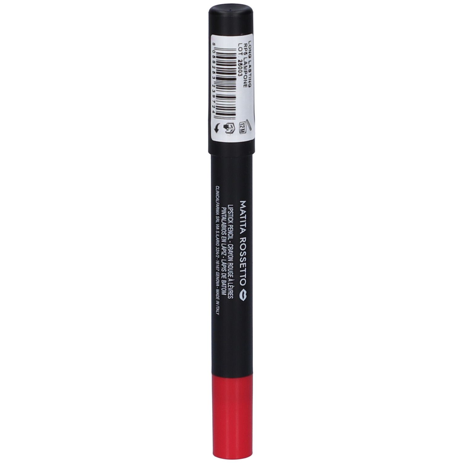 Matita labbra rossa e nera. Scritta: MATITA ROSSETTO, LAMPONE.