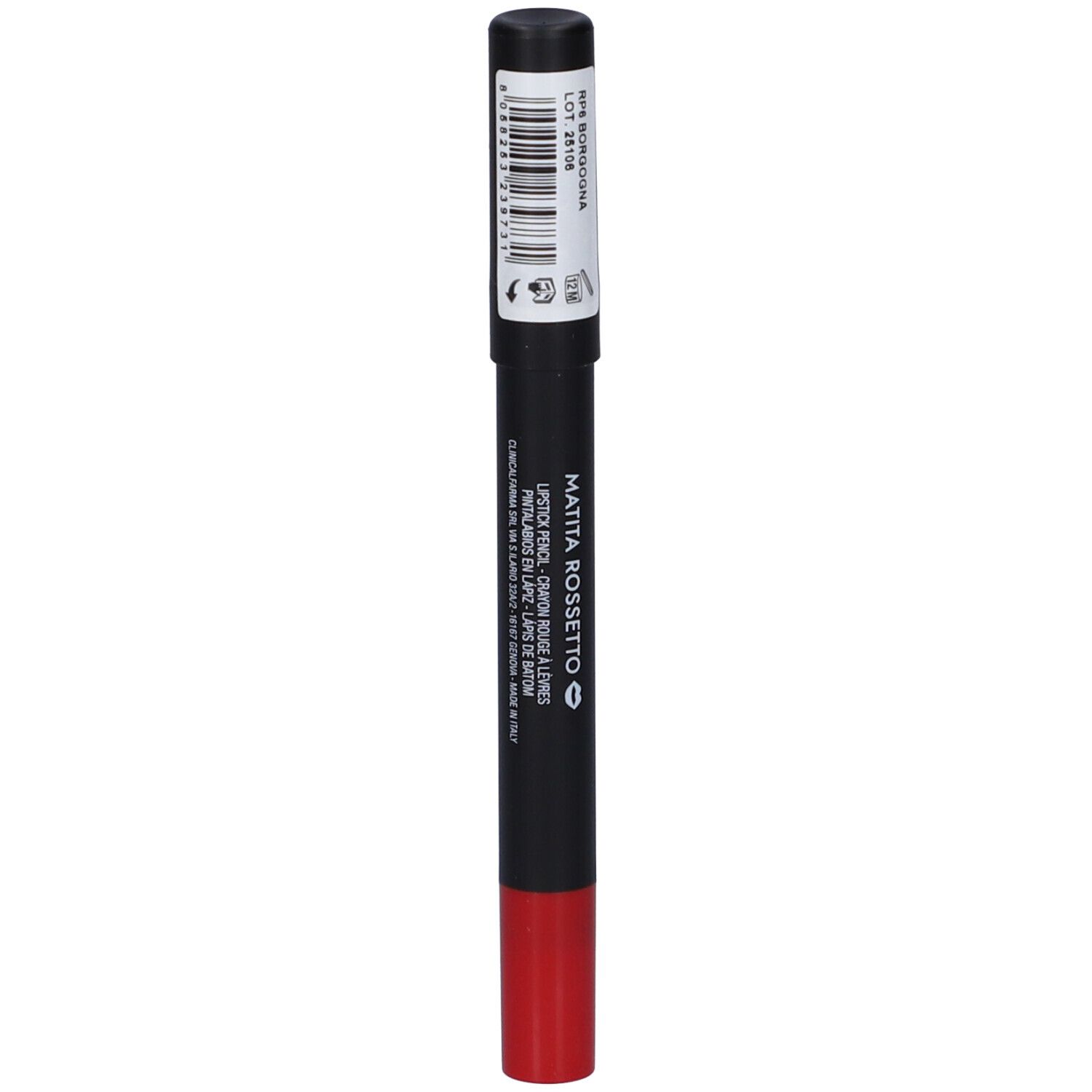 Matita labbra rossa. Corpo nero con testo bianco e codice a barre. Tappo nero.