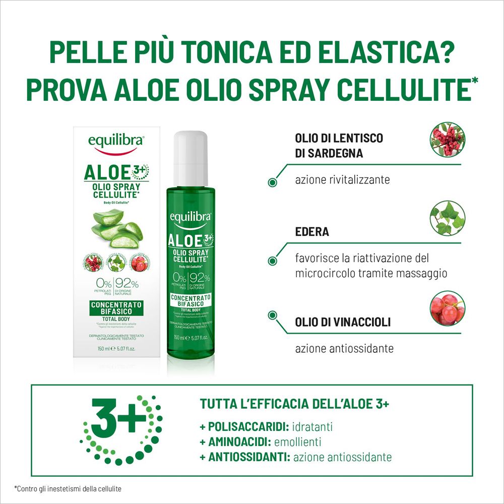 Equilibra Aloe 3+ Olio Spray Cellulite per pelle tonica, 150 ml.