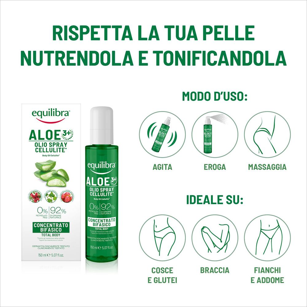 Equilibra Aloe Vera Olio Spray Cellulite, 50ml. Rispetta e nutre la pelle. Ideale su cosce, glutei, braccia, fianchi, addome.