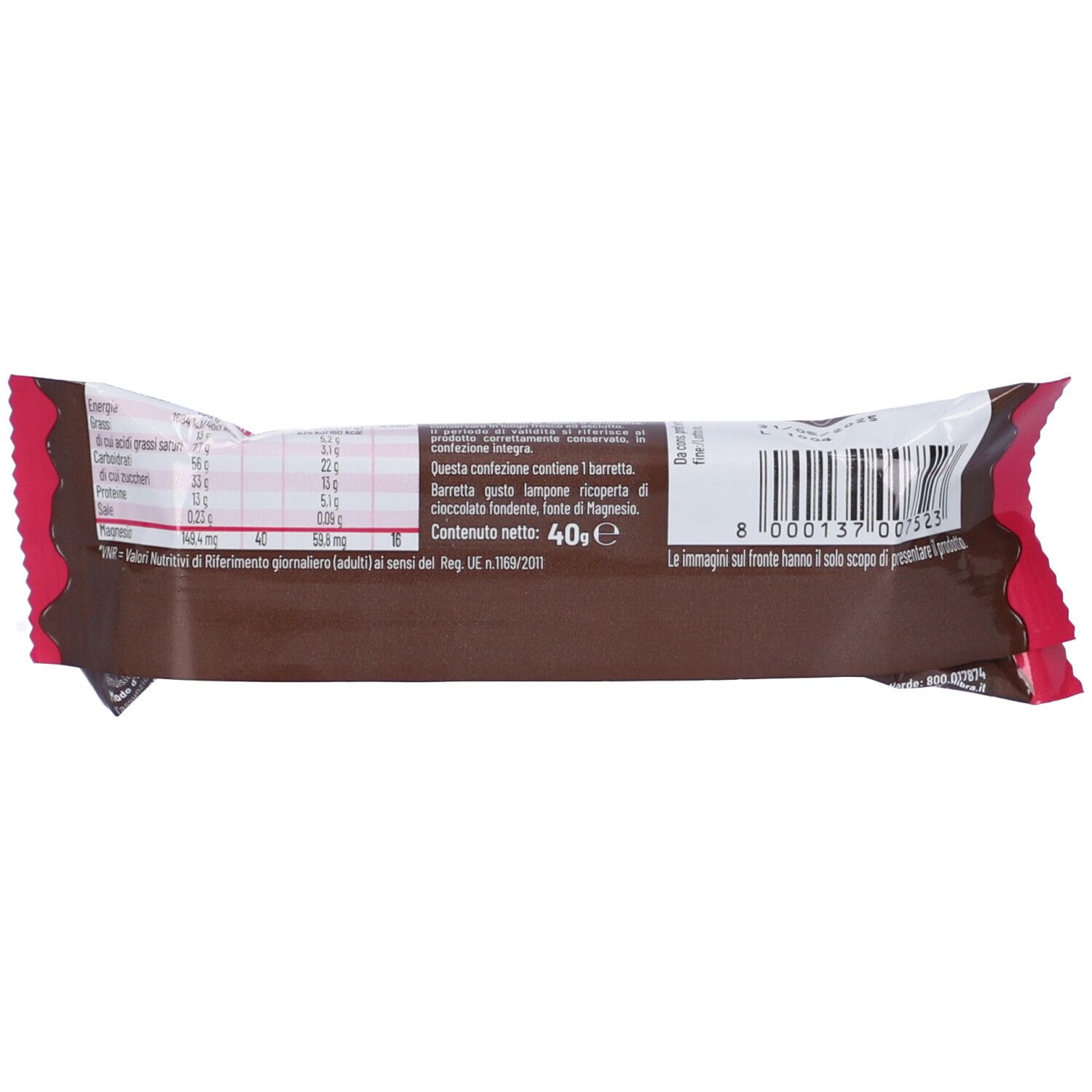 Retro della barretta Energy Choco Crispy confezionata. Informazioni nutrizionali e ingredienti. Peso: 40g.