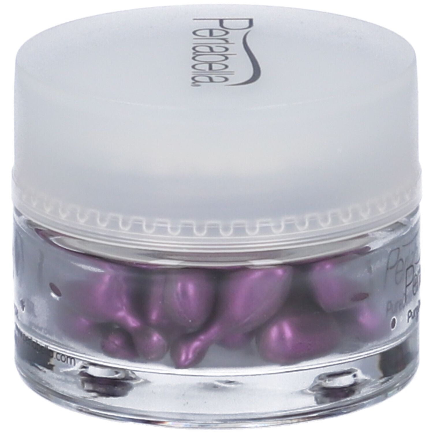 Contenitore in vetro con capsule viola. Coperchio con scritta Perlabella. Sotto il coperchio, Perlabella PureDose Pearls.