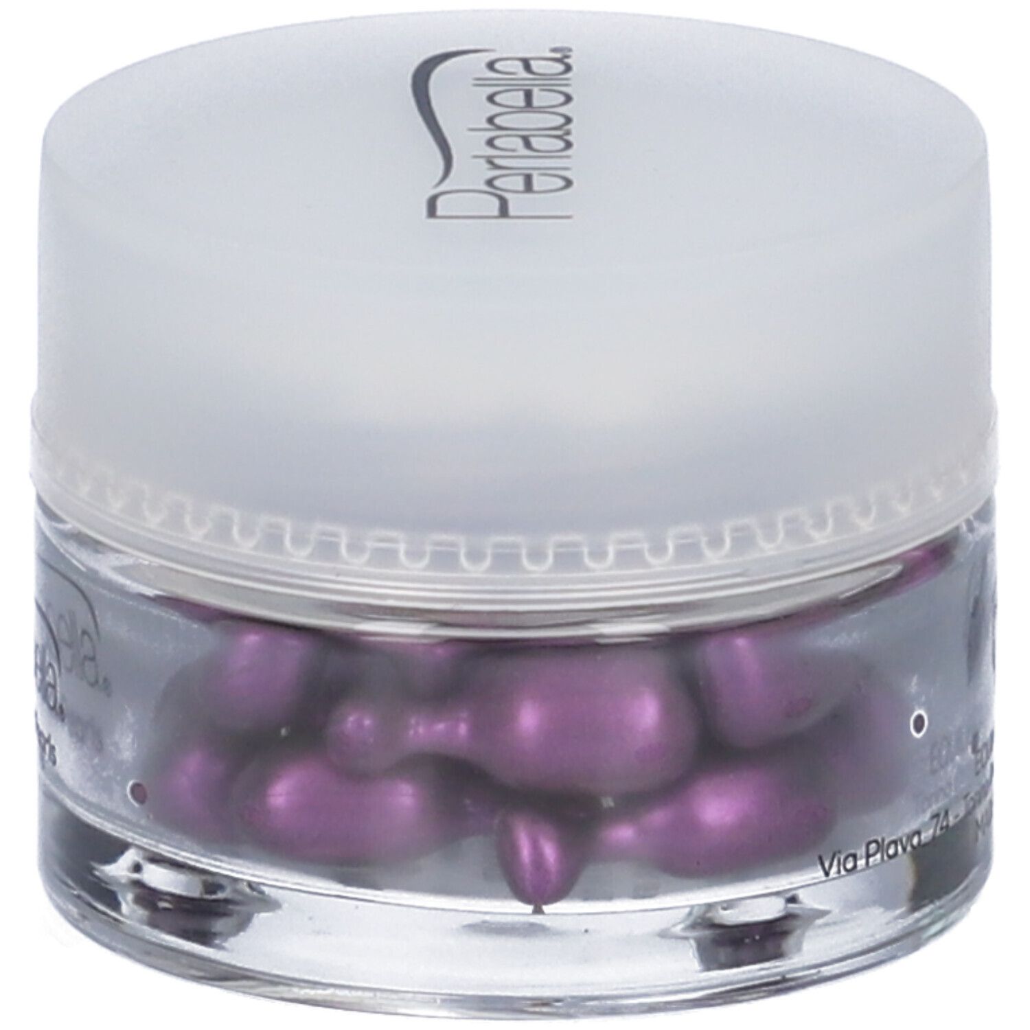 Contenitore in vetro con capsule viola. Coperchio con scritta Perlabella. Sul contenitore, Via Plava 74.