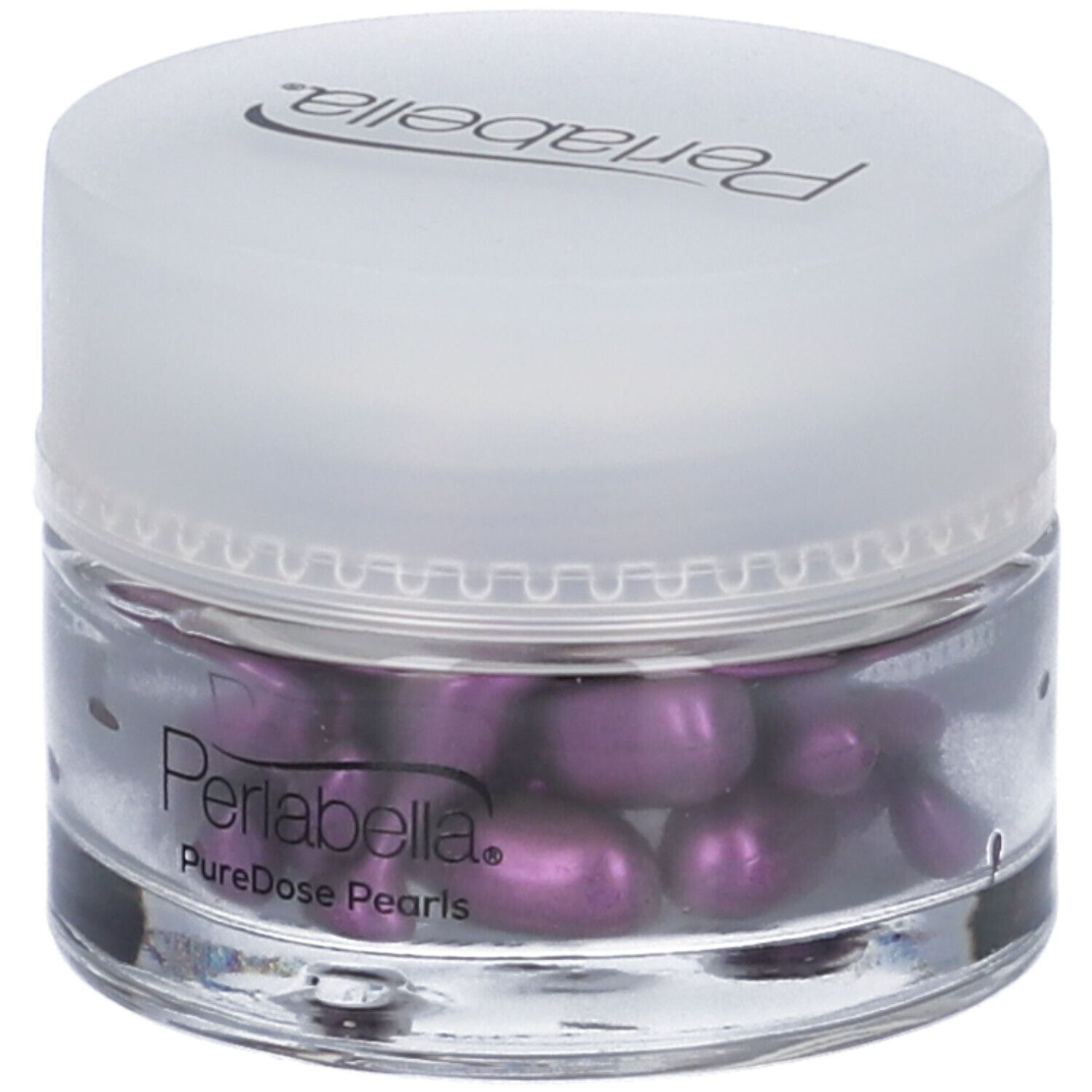 Contenitore in vetro con capsule viola. Coperchio con scritta Perlabella. Sotto il coperchio, Perlabella PureDose Pearls.