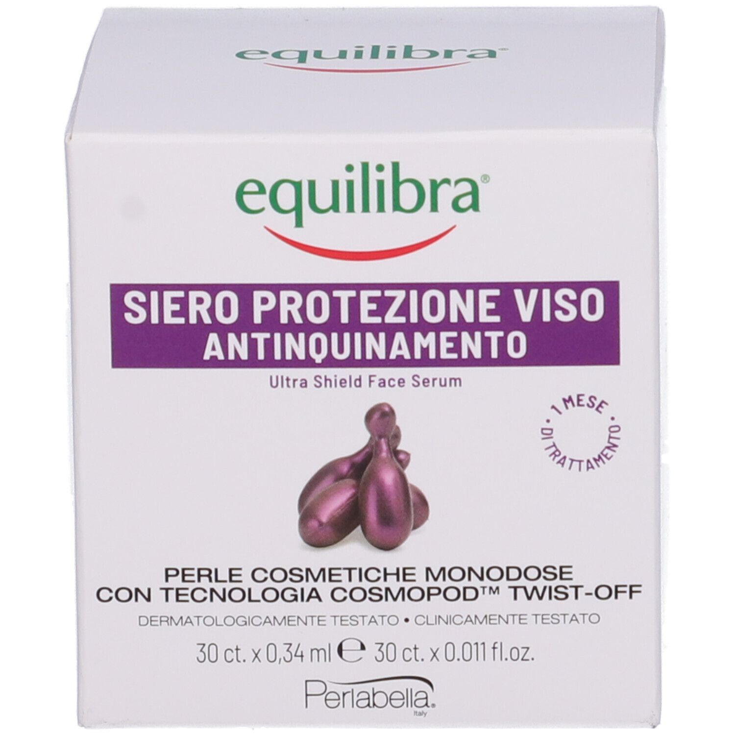 Confezione con logo Equilibra e informazioni prodotto. Rappresentate capsule viola. Testo: Siero Protezione Viso.