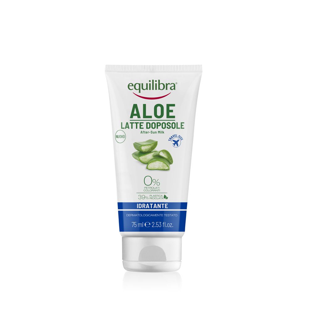 Tubo bianco di latte doposole. Scritta: Equilibra Aloe Latte Doposole. Contiene Aloe Vera. Dermatologicamente testato.