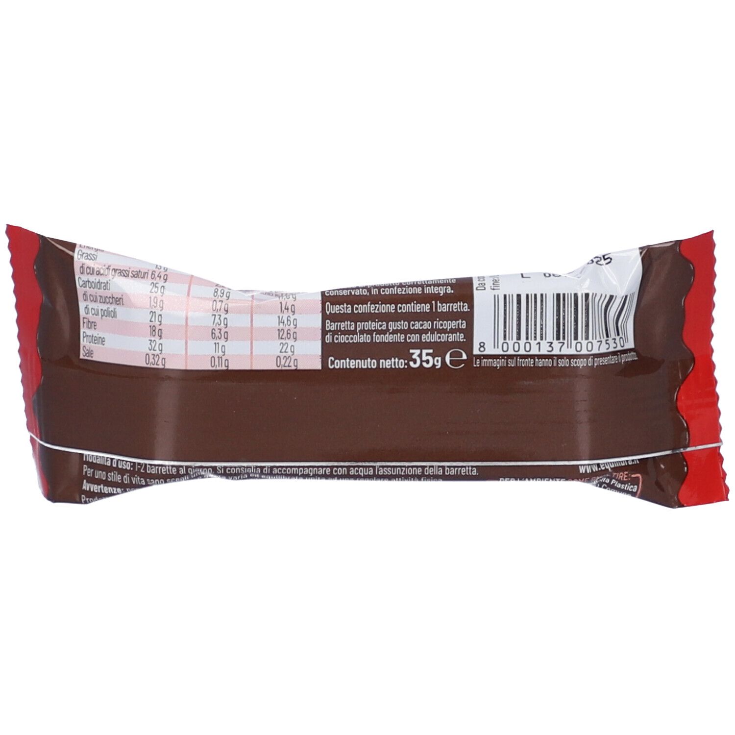 Retro della confezione della barretta proteica. Testo: informazioni nutrizionali, 35g. Codice a barre.