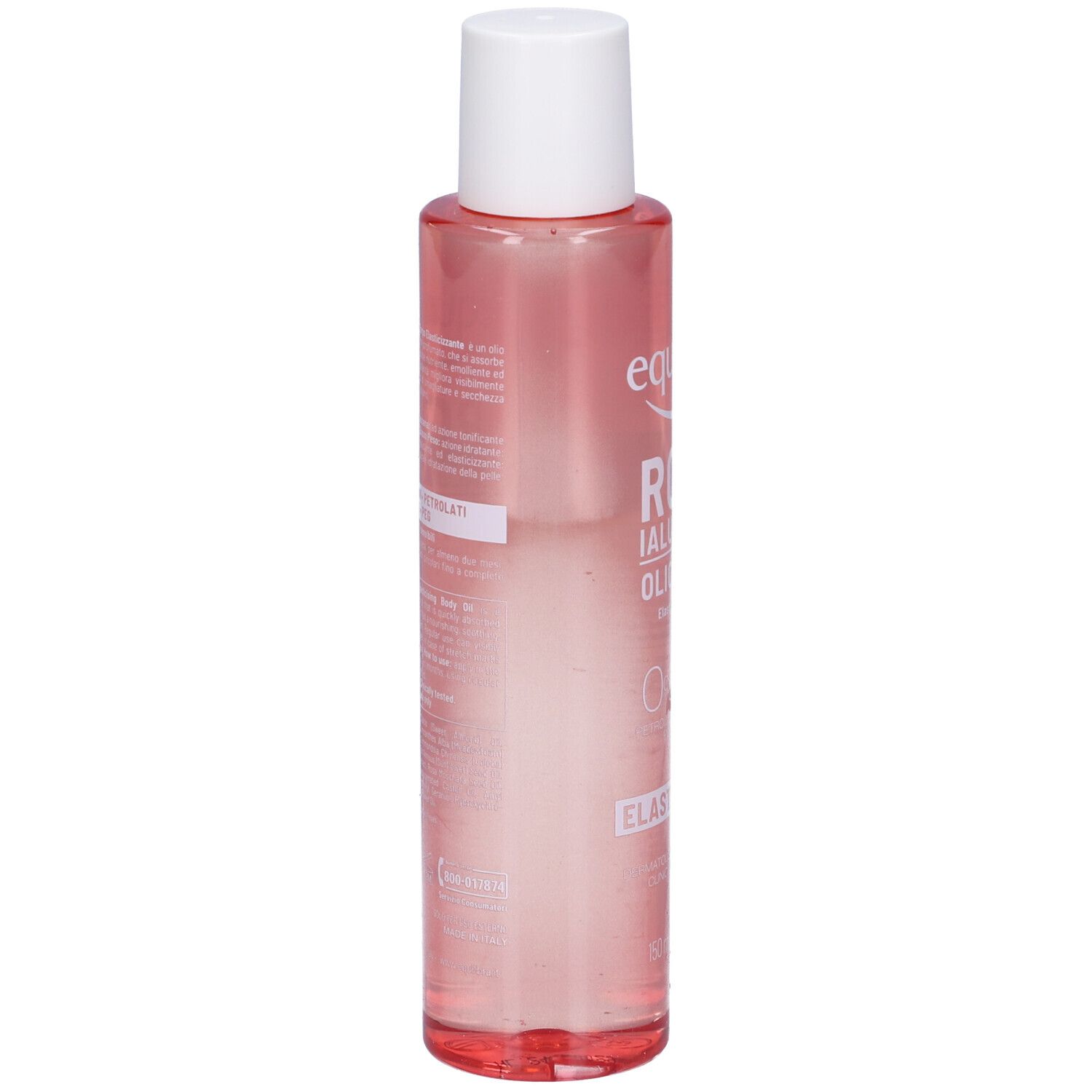 Flacone Olio Corpo Rosa Ialuronica. Retro, liquido rosa, tappo bianco. Testo in italiano.