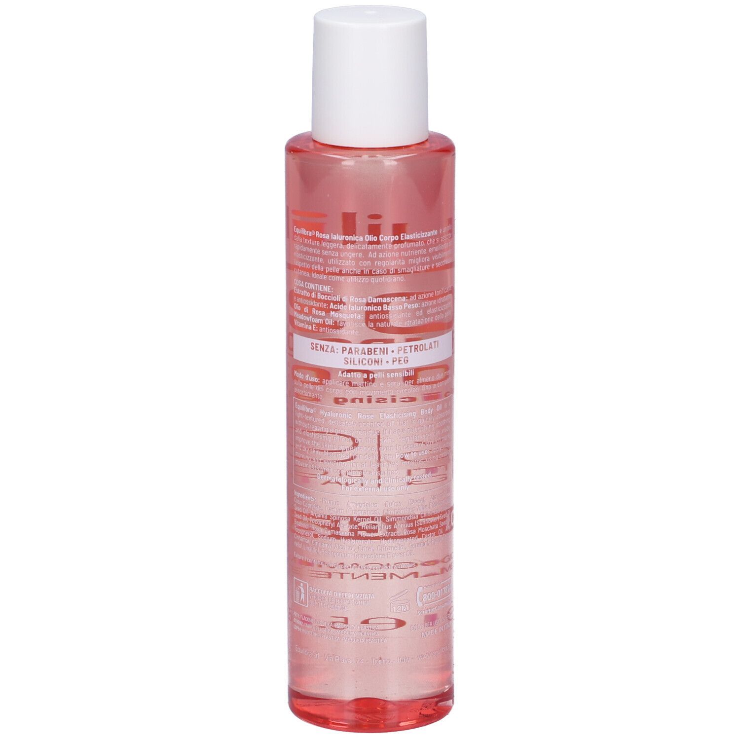 Flacone Olio Corpo Rosa Ialuronica. Retro, liquido rosa, tappo bianco. Testo: Senza parabeni, siliconi, PEG.
