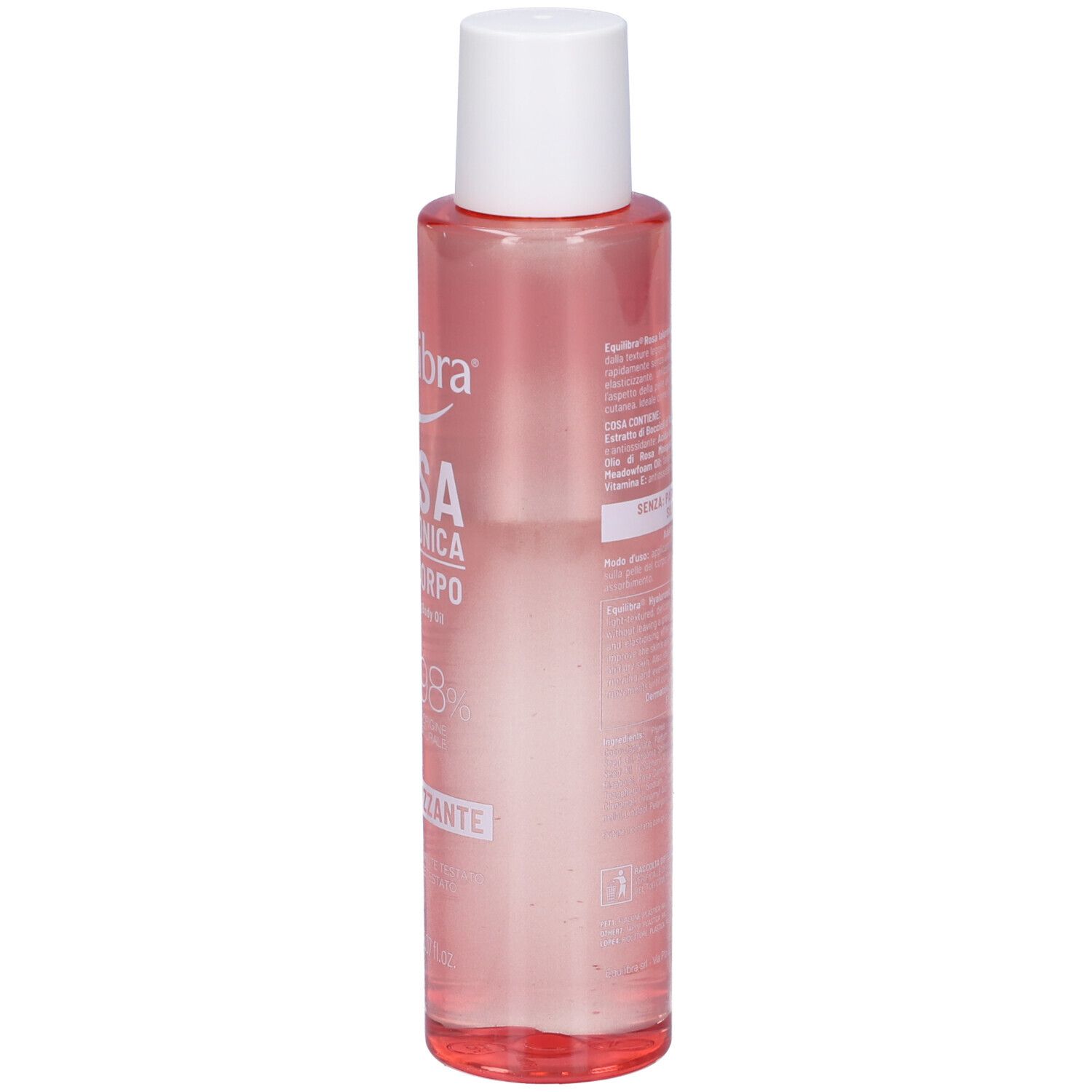 Flacone Olio Corpo Rosa Ialuronica. Lato, liquido rosa, tappo bianco. Testo: Equilibra, Rosa Ialuronica, Olio Corpo.