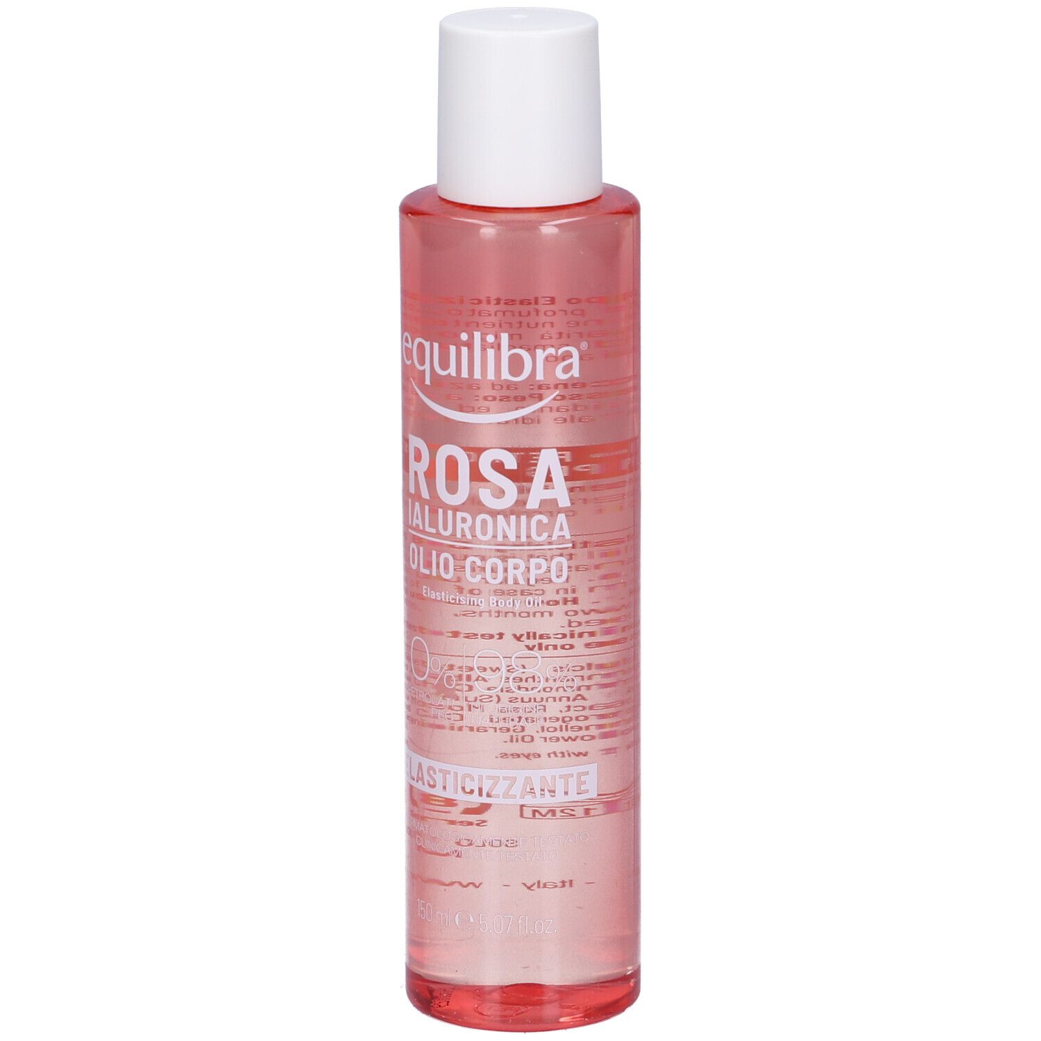 Flacone di Olio Corpo Rosa Ialuronica. Liquido rosa, tappo bianco. Testo: Equilibra, Rosa Ialuronica, Olio Corpo, Elasticizzante.