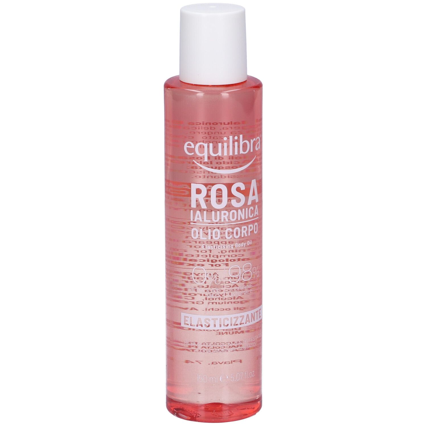 Flacone di Olio Corpo Rosa Ialuronica. Liquido rosa, tappo bianco. Testo: Equilibra, Rosa Ialuronica, Olio Corpo, Elasticizzante.