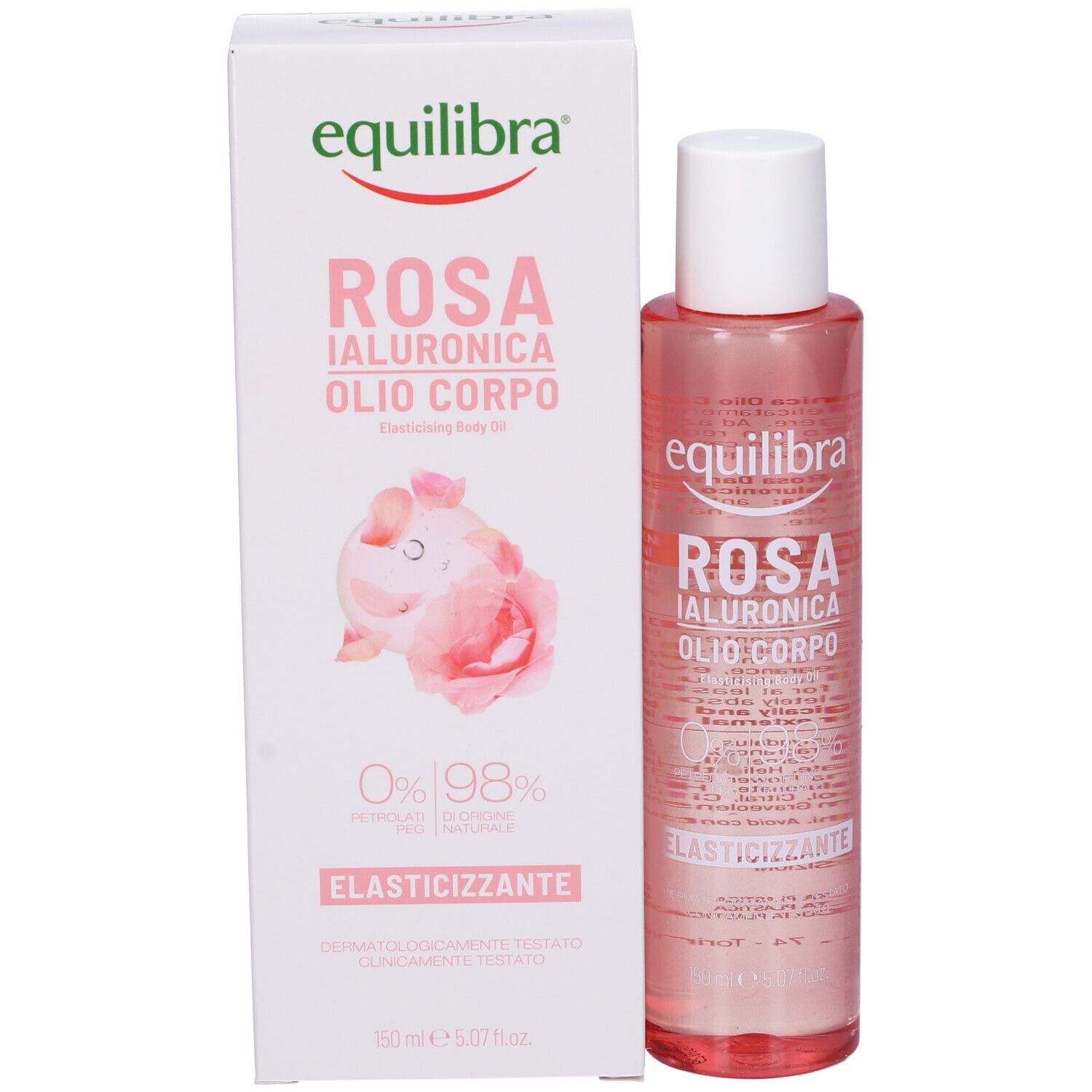 Prodotto e confezione. Flacone e scatola. Testo: Equilibra, Rosa Ialuronica, Olio Corpo, Elasticizzante. 0% parabeni.