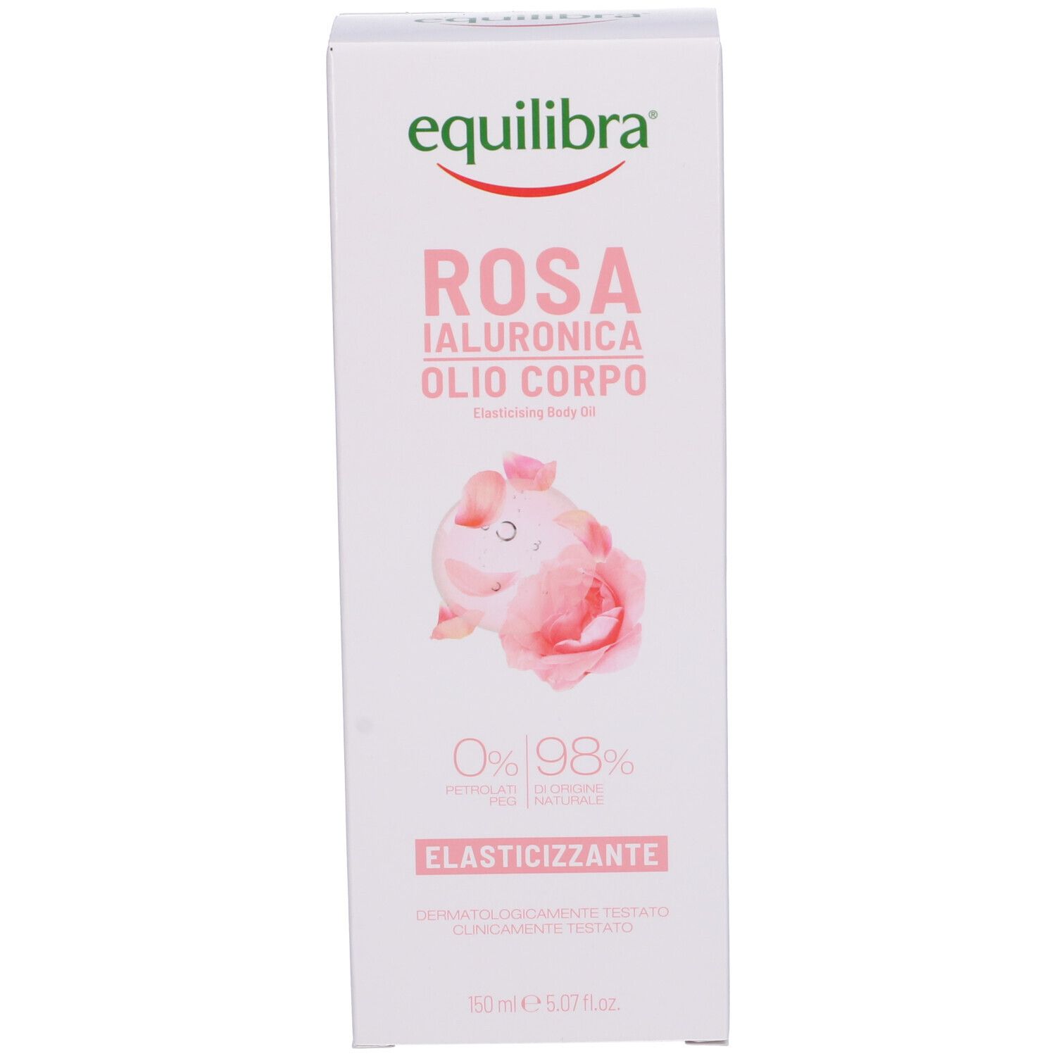 Confezione. Scatola con immagine del prodotto. Testo: Equilibra, Rosa Ialuronica, Olio Corpo, Elasticizzante. 0% parabeni.