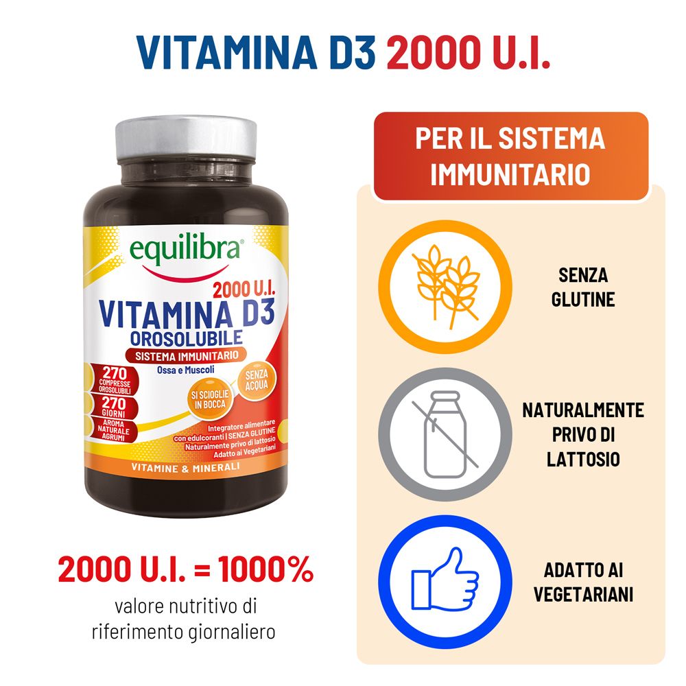 Una bottiglia di Equilibra Vitamina D3 2000 UI Orosolubile, per il sistema immunitario, senza glutine, senza lattosio, per vegetariani.