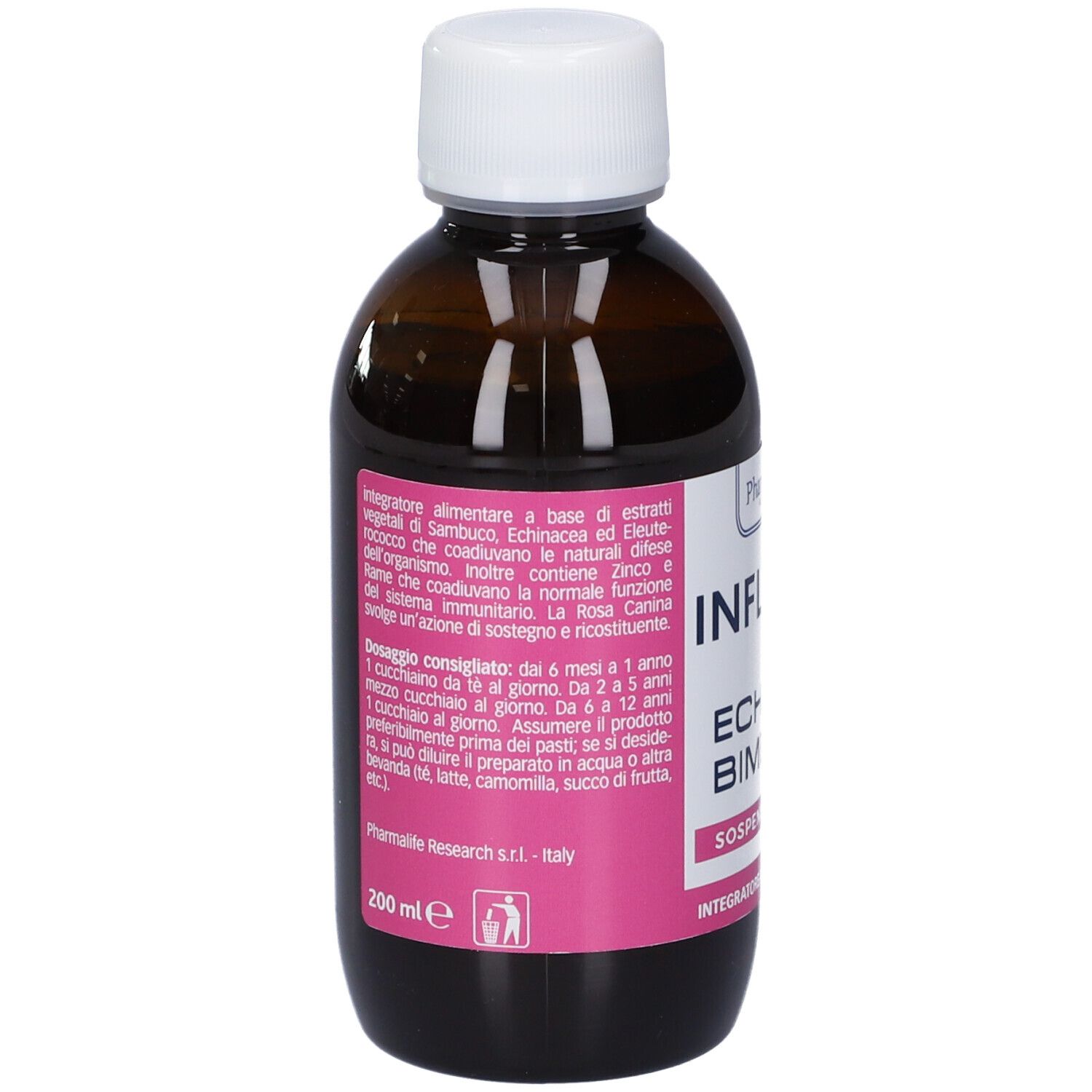 Flacone in vetro marrone, tappo bianco. Etichetta con testo. 200 ml.