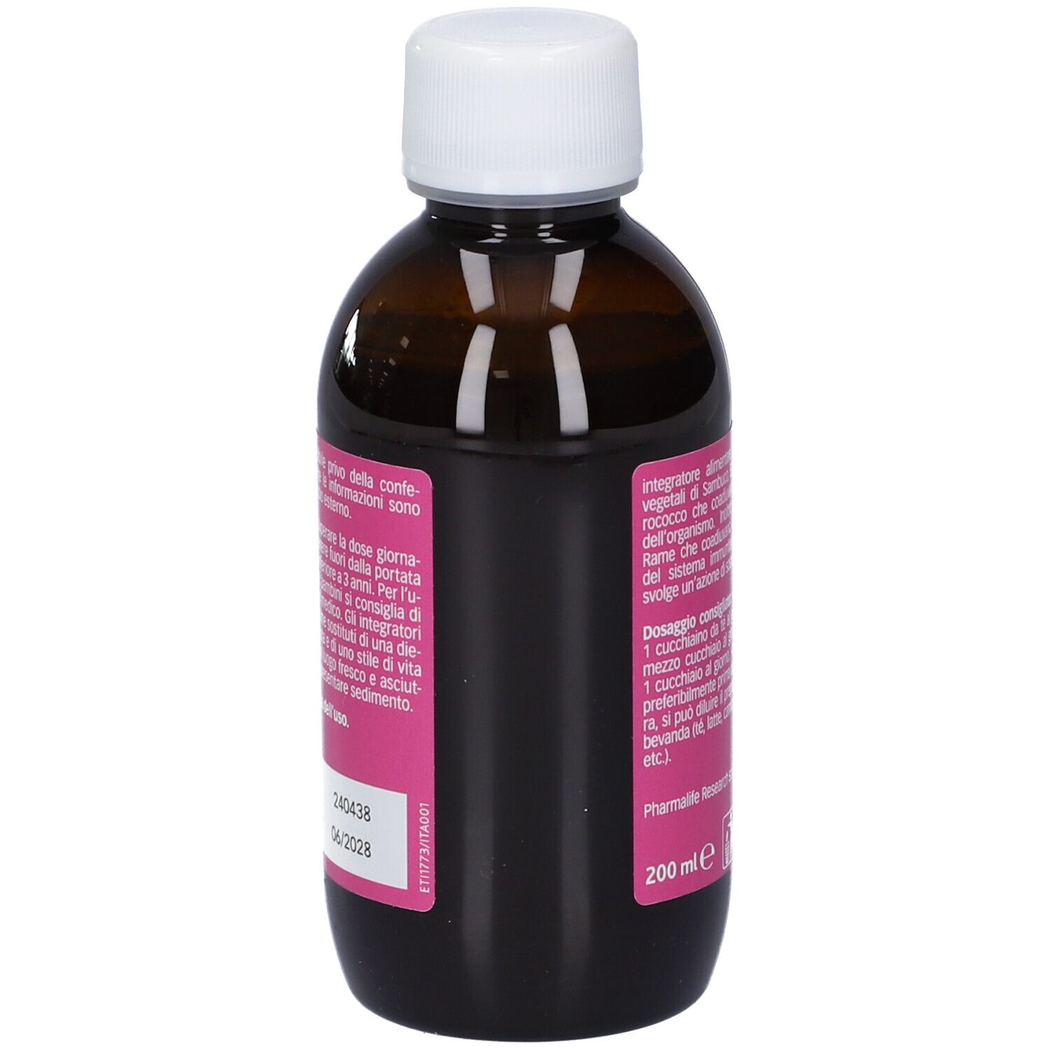 Flacone in vetro marrone, tappo bianco. Etichetta con testo. 200 ml.
